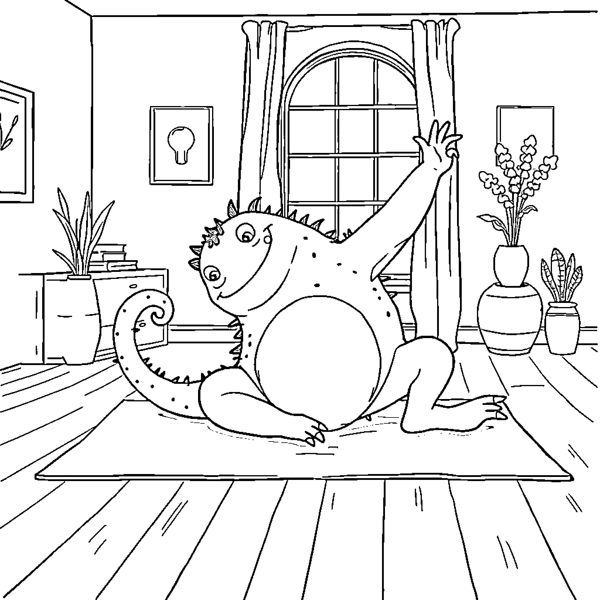 Monster lounging relaxedly in cozy interior Coloring Page (free black-and-white line drawing printable PDF for all, from beginners to advanced learners, including children, teens, adults, and seniors)