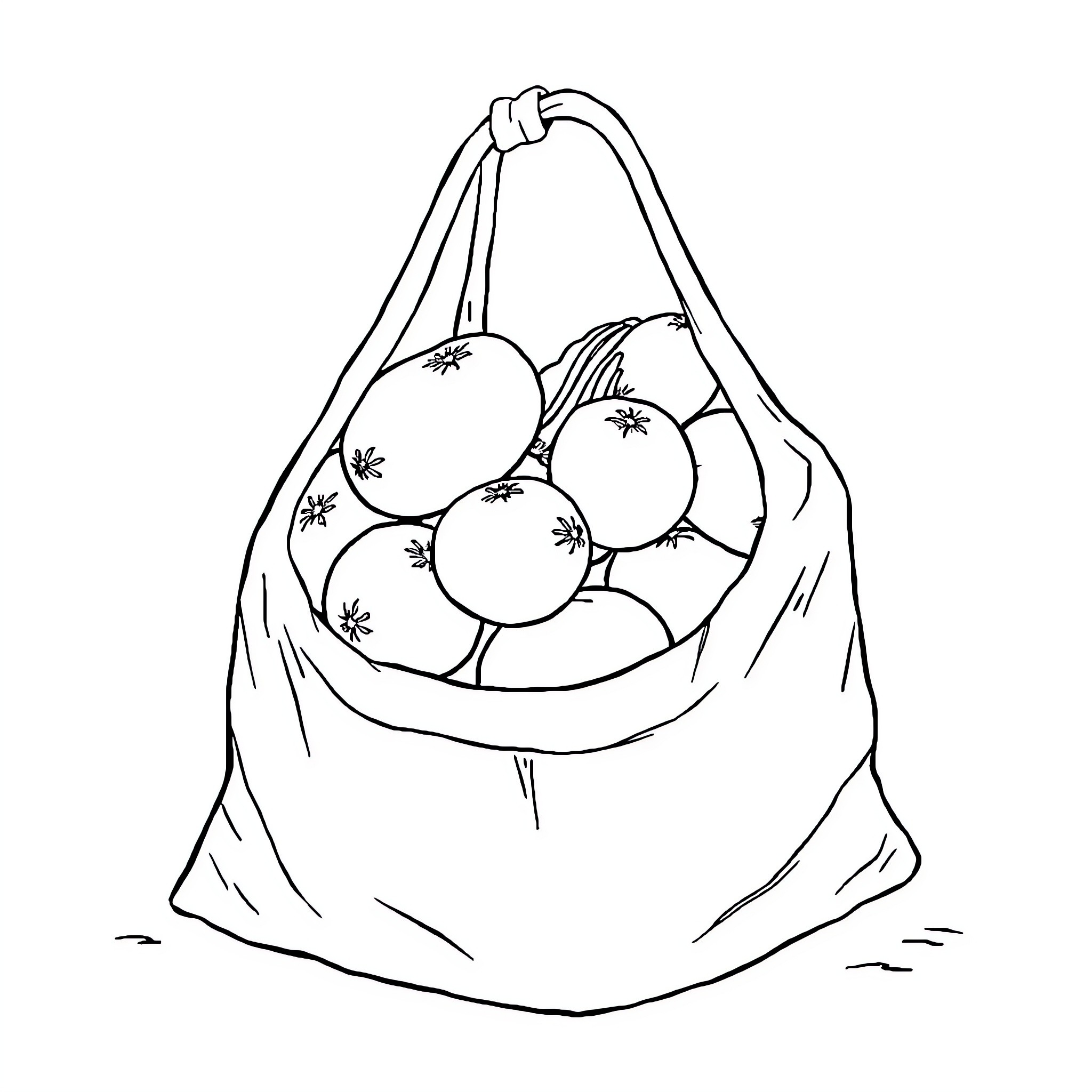 Patate Potatoes in a Sack Coloring Page (free black-and-white line drawing printable PDF for all, from beginners to advanced learners, including children, teens, adults, and seniors)