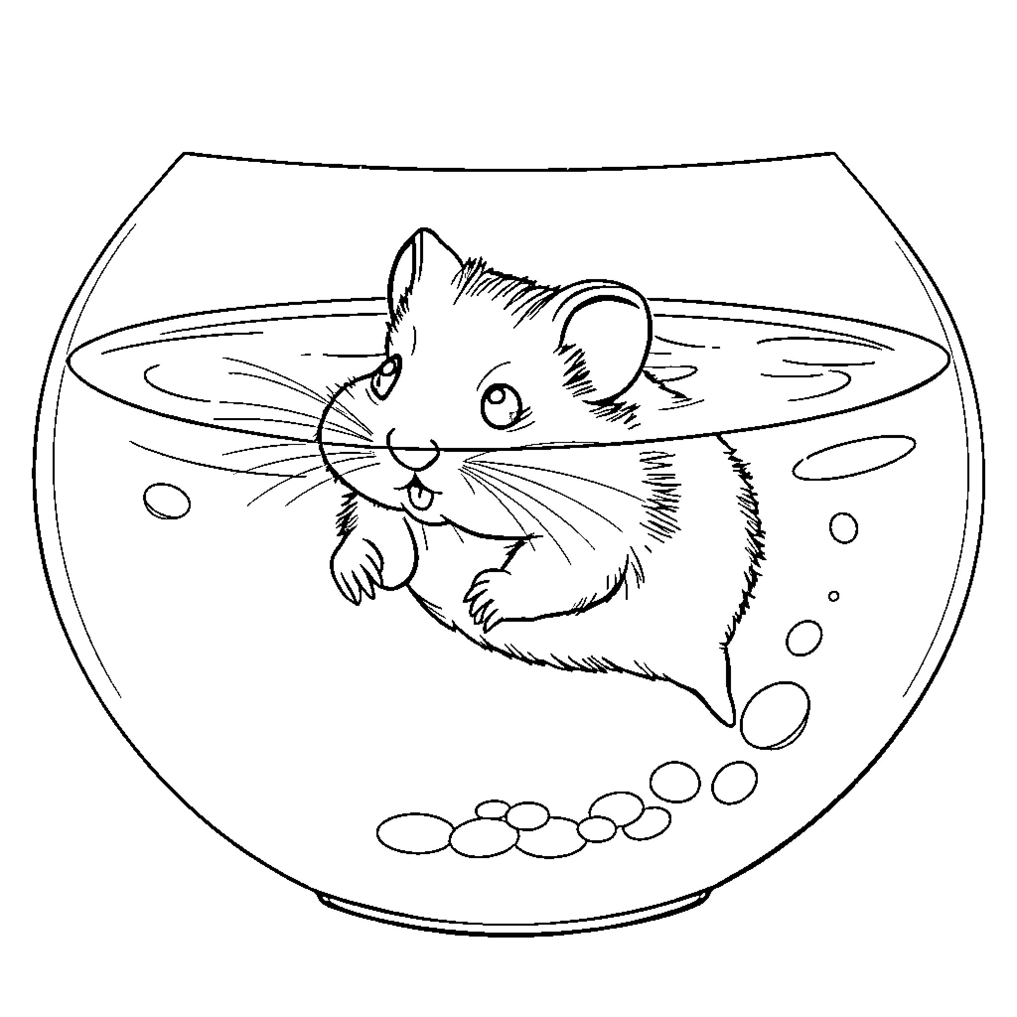Hamster exploring a fishbowl with curiosity Coloring Page (free black-and-white line drawing printable PDF for all, from beginners to advanced learners, including children, teens, adults, and seniors)
