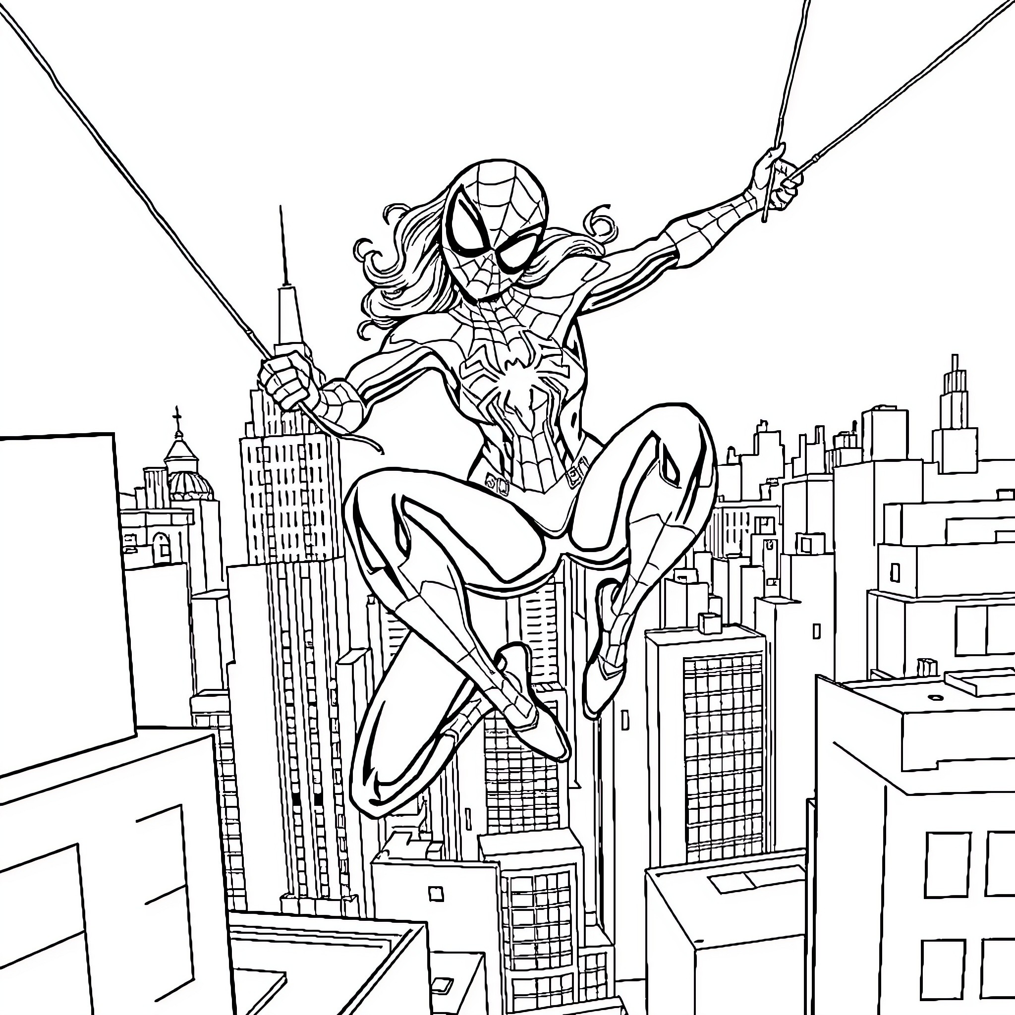 Spiderwoman heroically swinging through the city skyline Coloring Page (free black-and-white line drawing printable PDF for all, from beginners to advanced learners, including children, teens, adults, and seniors)