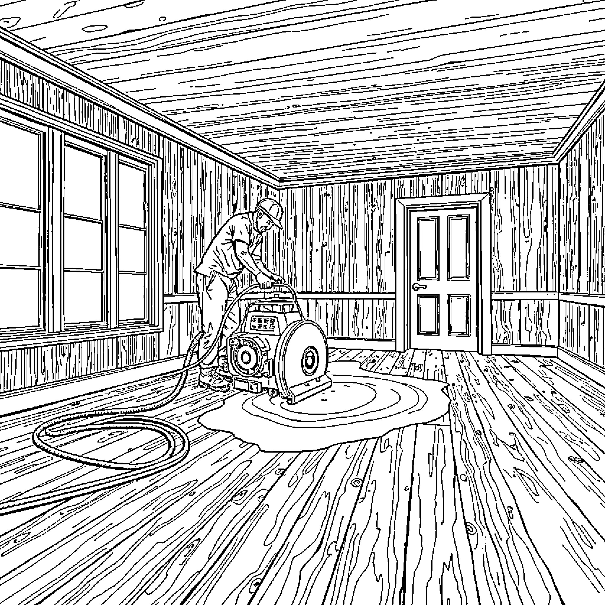 Floor Sanding Worker Operating Equipment in Room Coloring Page (free black-and-white line drawing printable PDF for all, from beginners to advanced learners, including children, teens, adults, and seniors)