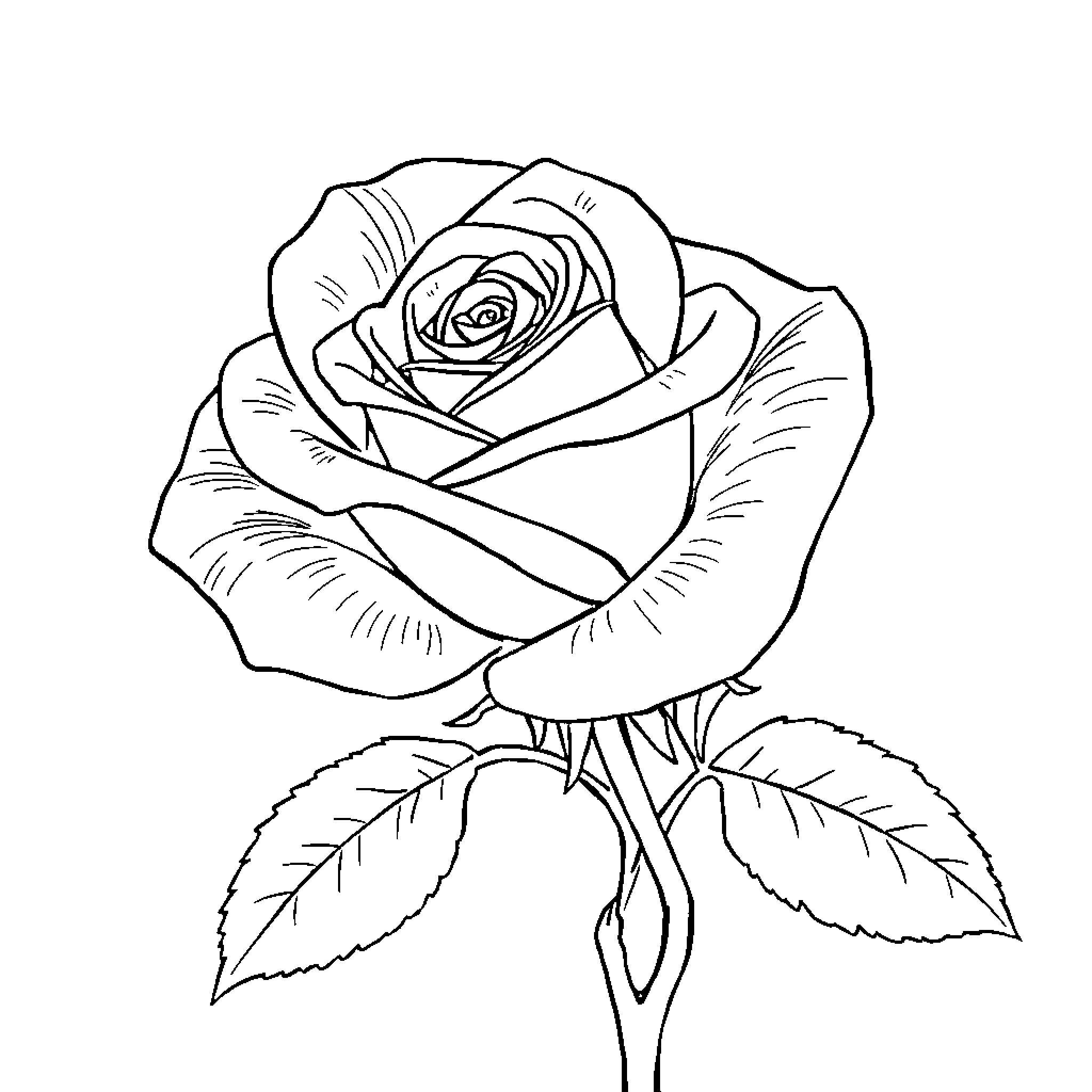Rose in full bloom with delicate petals Coloring Page (free black-and-white line drawing printable PDF for all, from beginners to advanced learners, including children, teens, adults, and seniors)