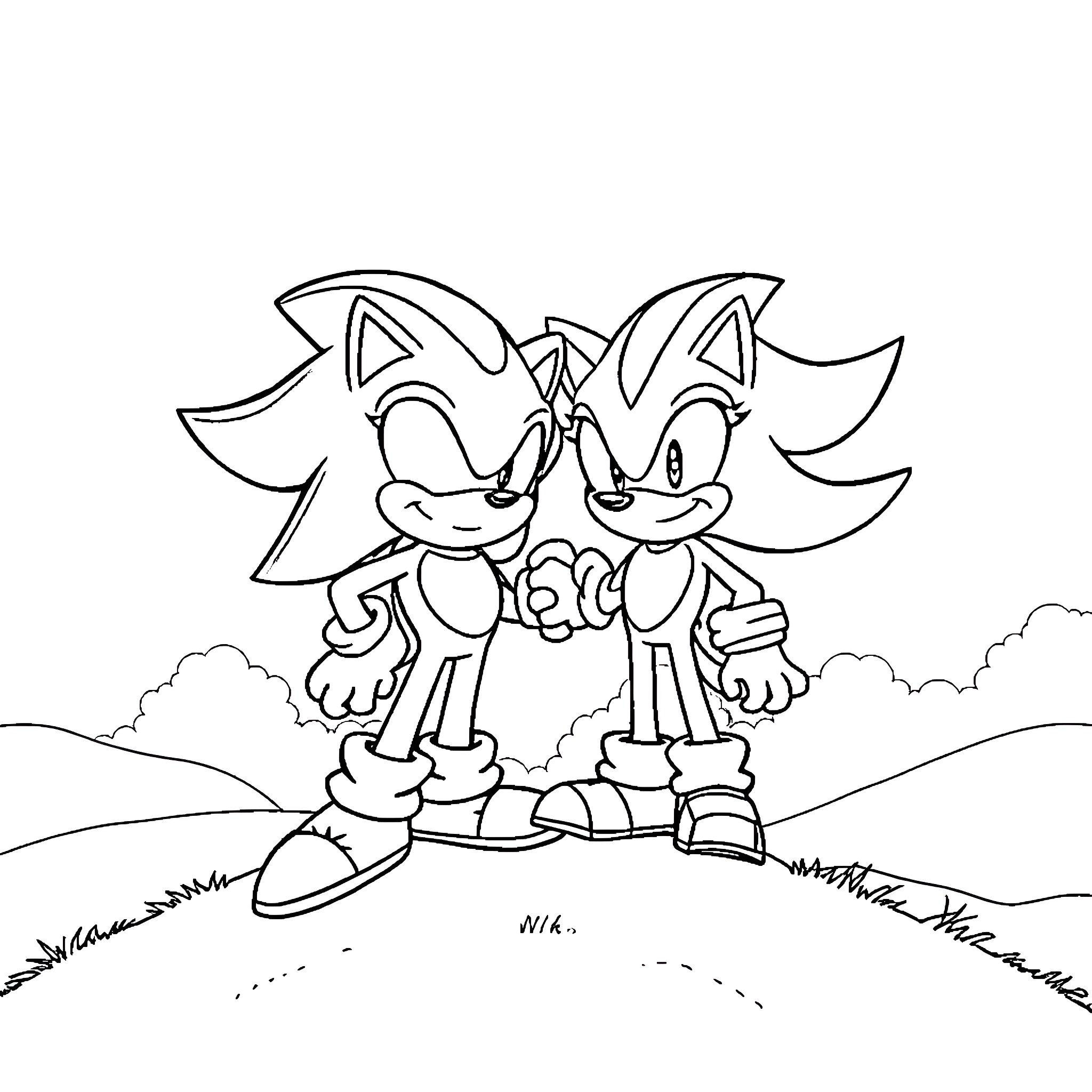 Sonic characters in action pose Coloring Page (free black-and-white line drawing printable PDF for all, from beginners to advanced learners, including children, teens, adults, and seniors)