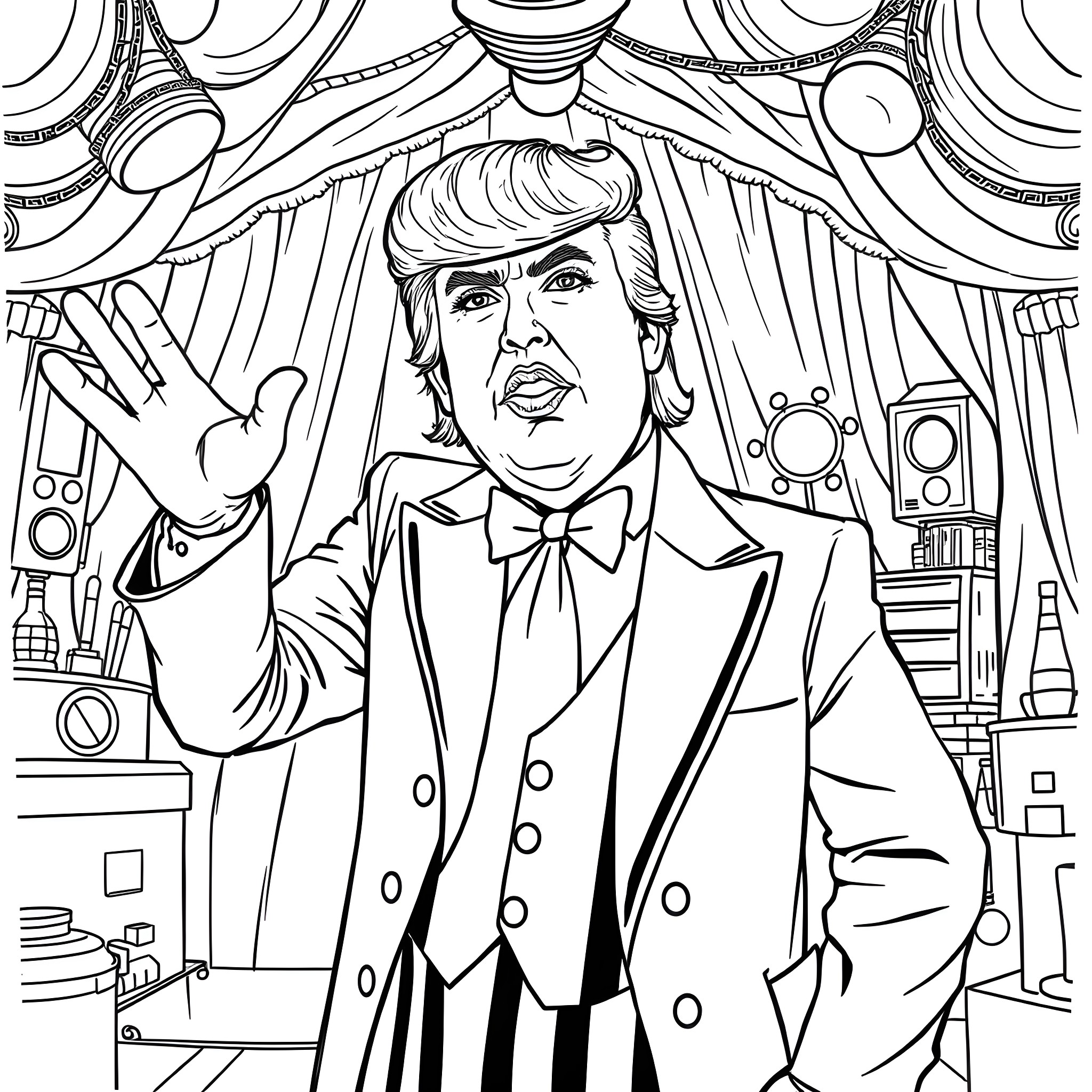 Donald Trump as a cartoon showman in a theatrical setting Coloring Page (free black-and-white line drawing printable PDF for all, from beginners to advanced learners, including children, teens, adults, and seniors)
