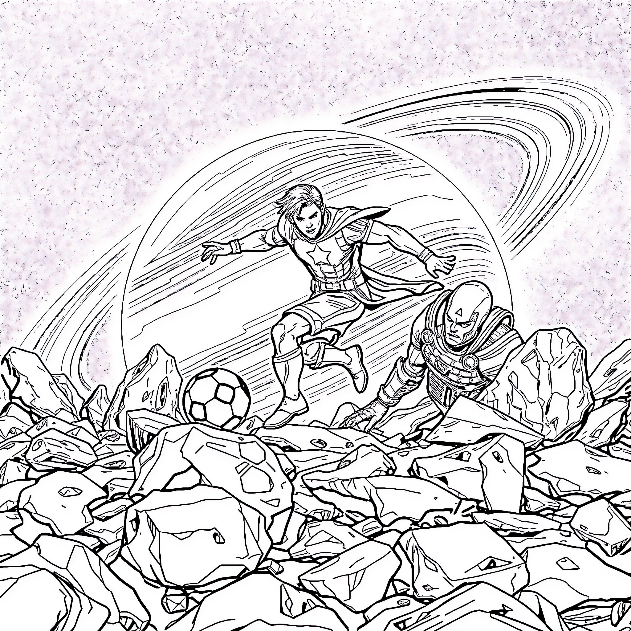 Avengers battling cosmic forces in heroic action Coloring Page (free black-and-white line drawing printable PDF for all, from beginners to advanced learners, including children, teens, adults, and seniors)