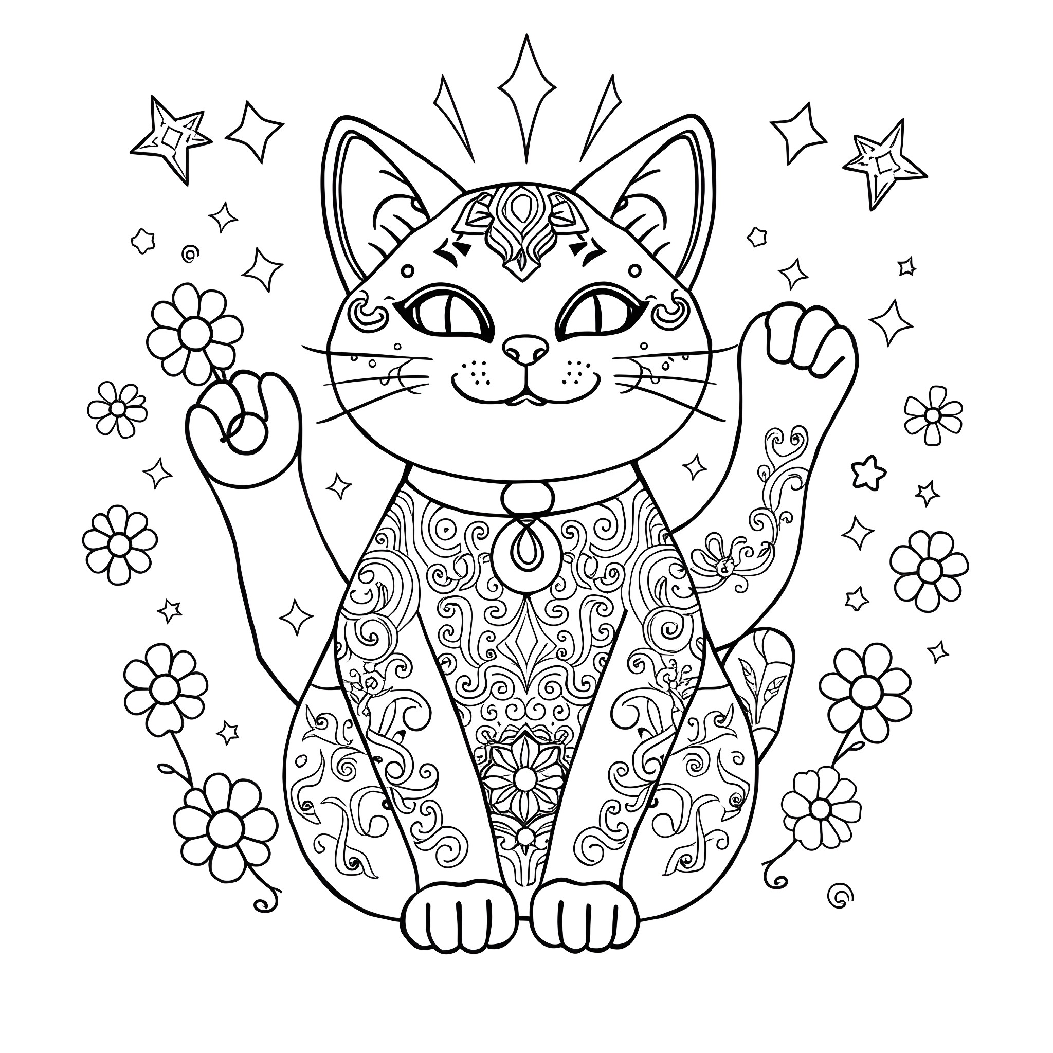 Lucky Cat with Intricate Patterns and Flowers Coloring Page (free black-and-white line drawing printable PDF for all, from beginners to advanced learners, including children, teens, adults, and seniors)