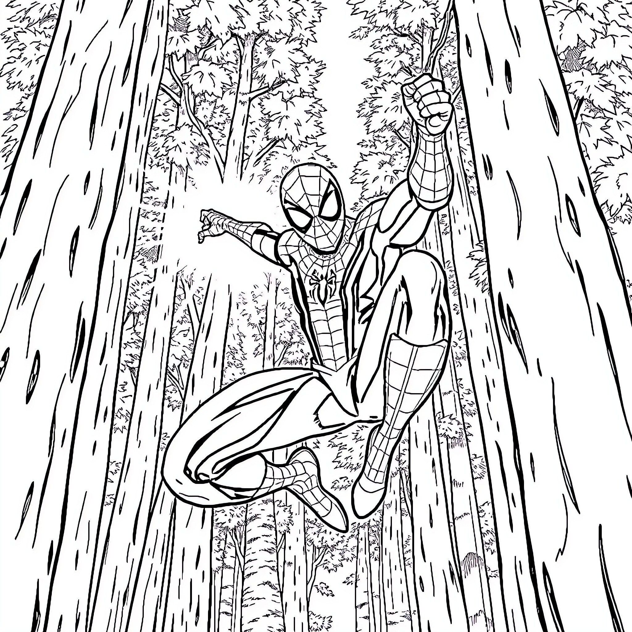 Spider-Man swinging through the forest Coloring Page (free black-and-white line drawing printable PDF for all, from beginners to advanced learners, including children, teens, adults, and seniors)