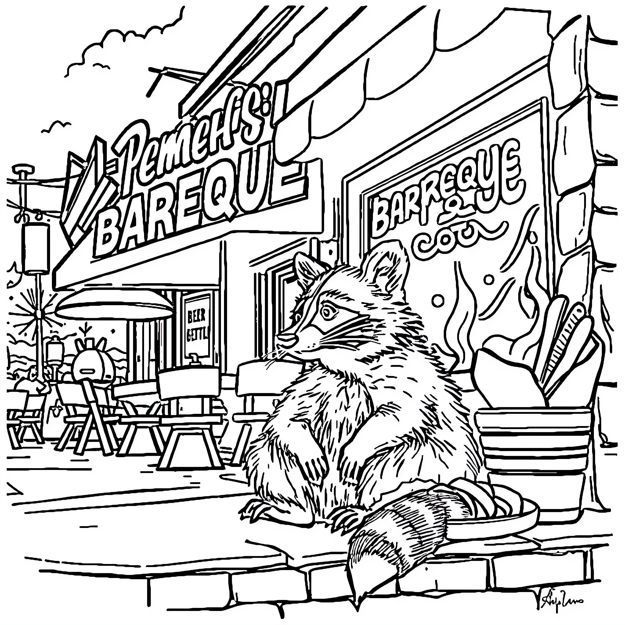 Raccoon exploring the neighborhood barbeque scene Coloring Page (free black-and-white line drawing printable PDF for all, from beginners to advanced learners, including children, teens, adults, and seniors)