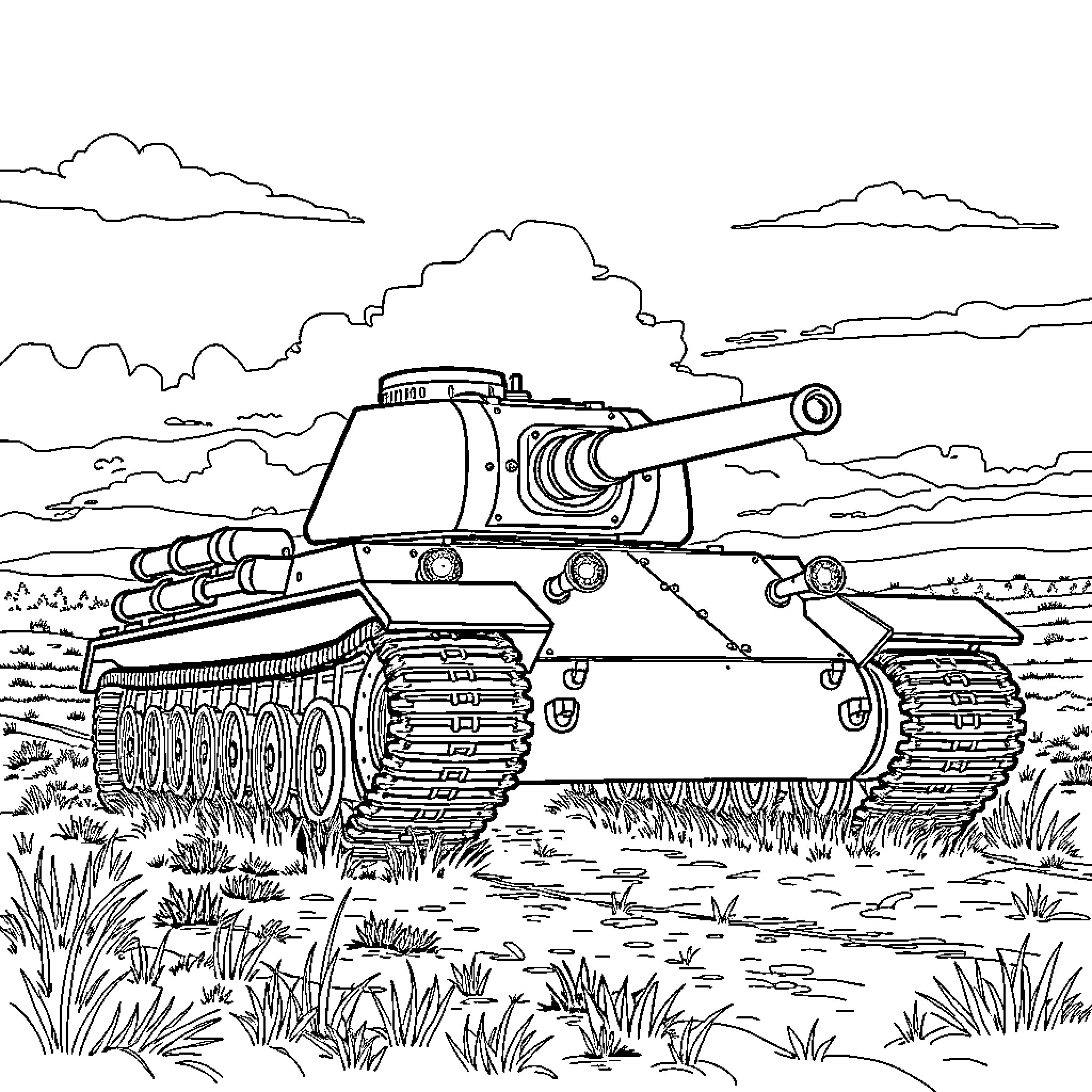 Tank on the battlefield in action Coloring Page (free black-and-white line drawing printable PDF for all, from beginners to advanced learners, including children, teens, adults, and seniors)