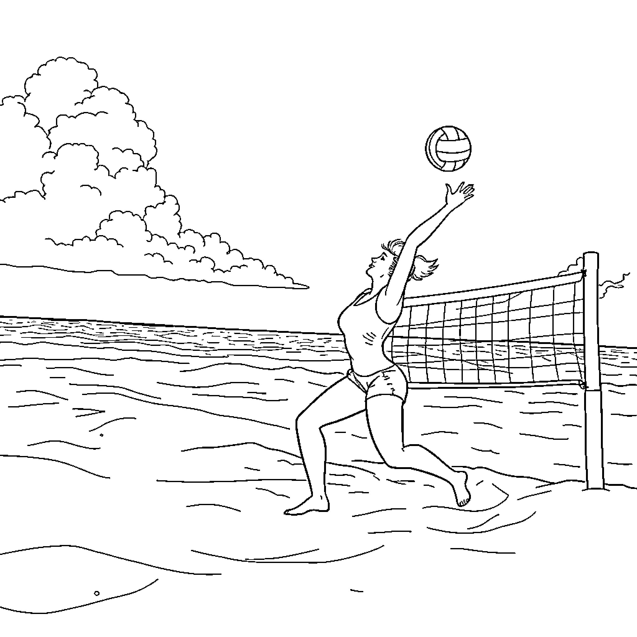 Sue Nero playing beach volleyball on a sunny day Coloring Page (free black-and-white line drawing printable PDF for all, from beginners to advanced learners, including children, teens, adults, and seniors)