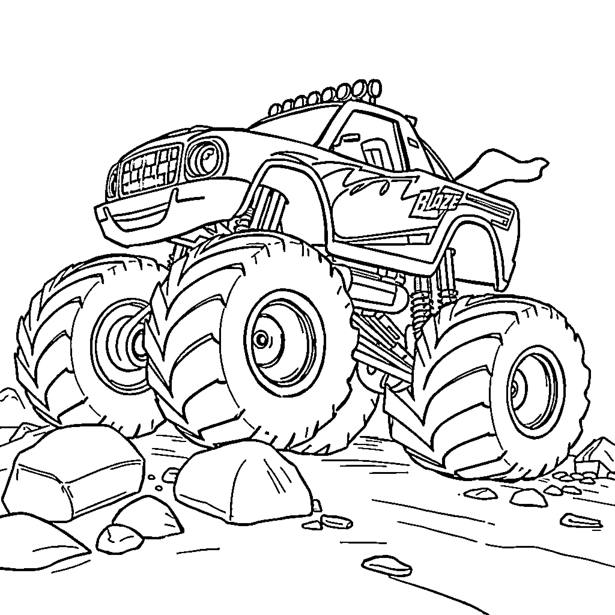 Monster Truck Crushing through Rugged Terrain Coloring Page (free black-and-white line drawing printable PDF for all, from beginners to advanced learners, including children, teens, adults, and seniors)