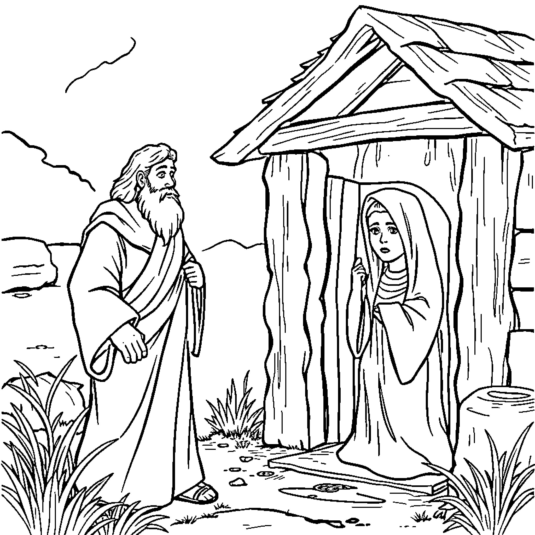 Elijah Meets the Woman at Zarephath Coloring Page (free black-and-white line drawing printable PDF for all, from beginners to advanced learners, including children, teens, adults, and seniors)