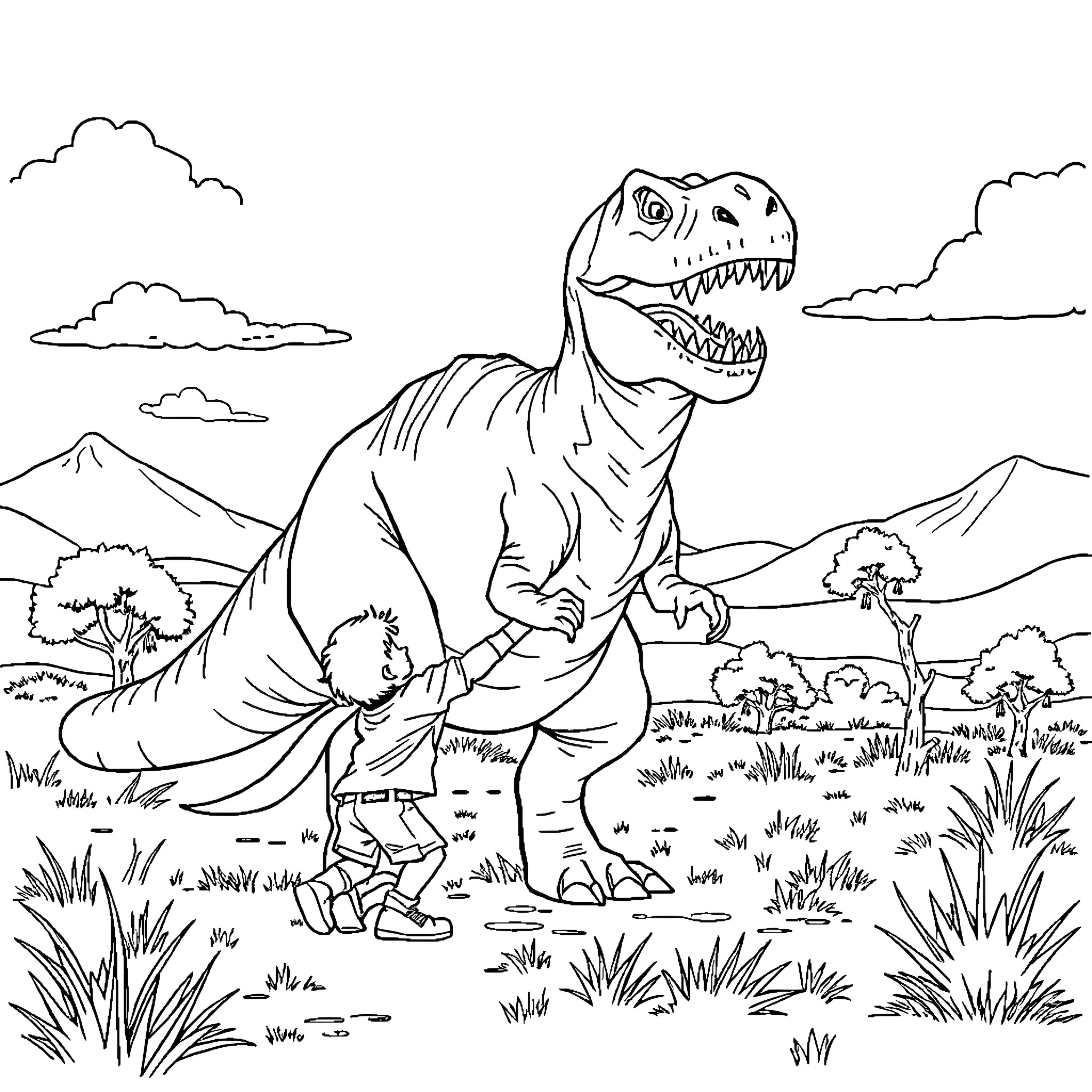 Dinosaur roaming in a prehistoric landscape Coloring Page (free black-and-white line drawing printable PDF for all, from beginners to advanced learners, including children, teens, adults, and seniors)