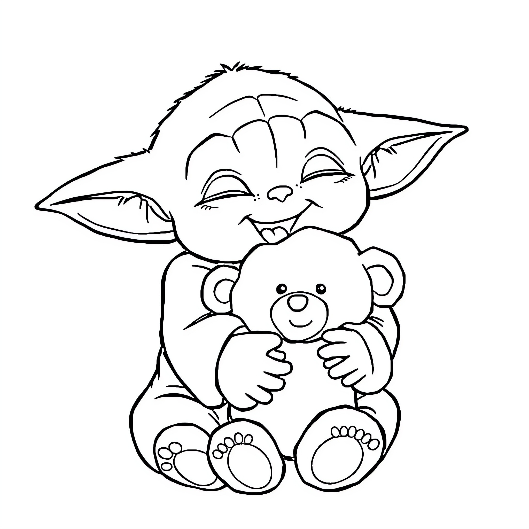 Baby Yoda cuddling a plush toy Coloring Page (free black-and-white line drawing printable PDF for all, from beginners to advanced learners, including children, teens, adults, and seniors)