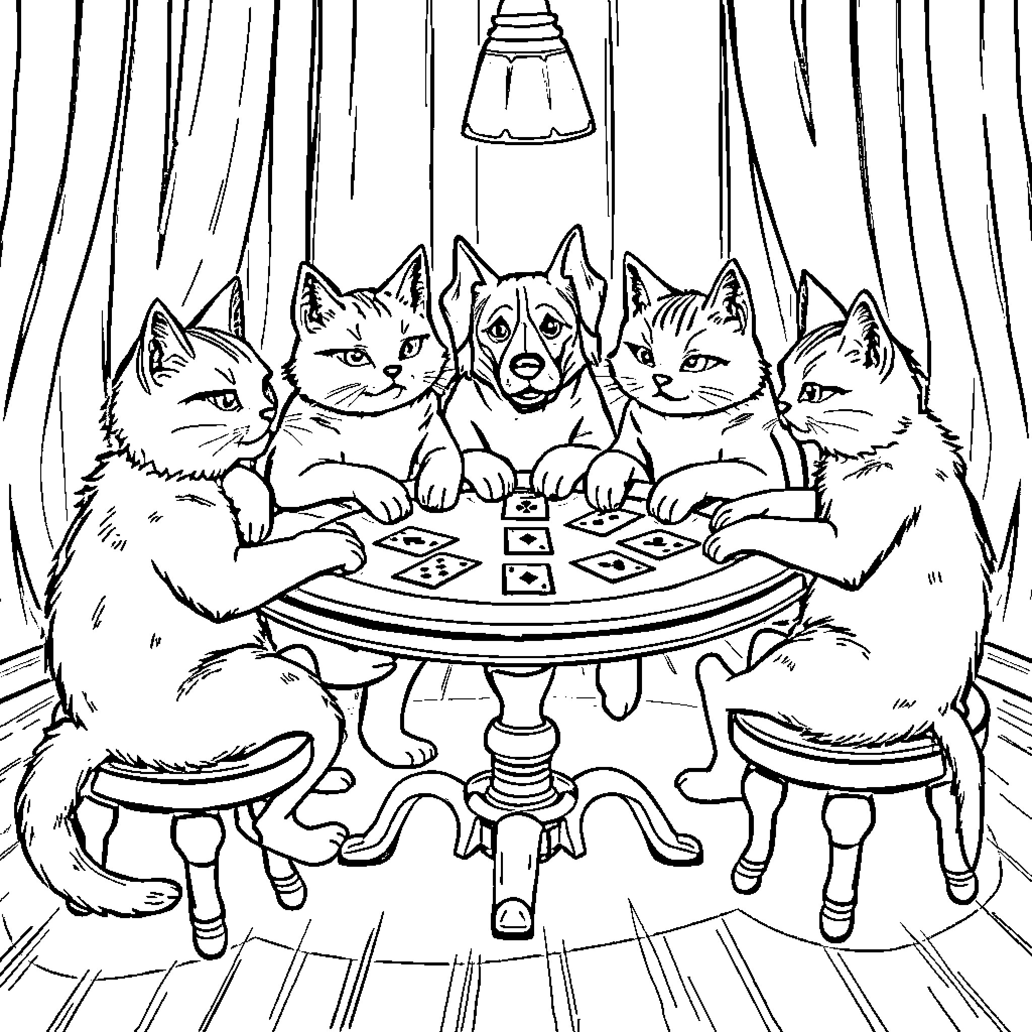 Cats Playing Cards in Dimly Lit Room Coloring Page (free black-and-white line drawing printable PDF for all, from beginners to advanced learners, including children, teens, adults, and seniors)