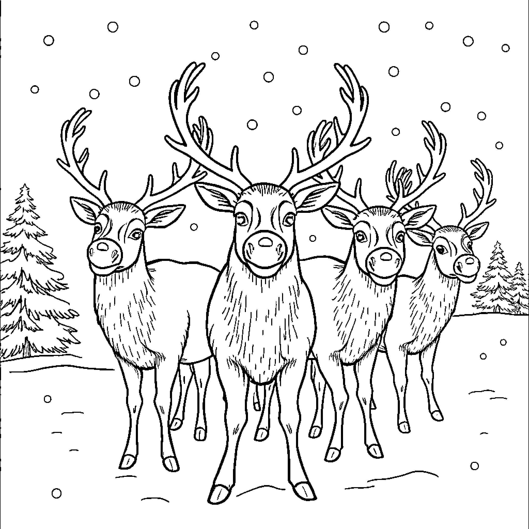 Reindeer gathered in snowy winter landscape Coloring Page (free black-and-white line drawing printable PDF for all, from beginners to advanced learners, including children, teens, adults, and seniors)