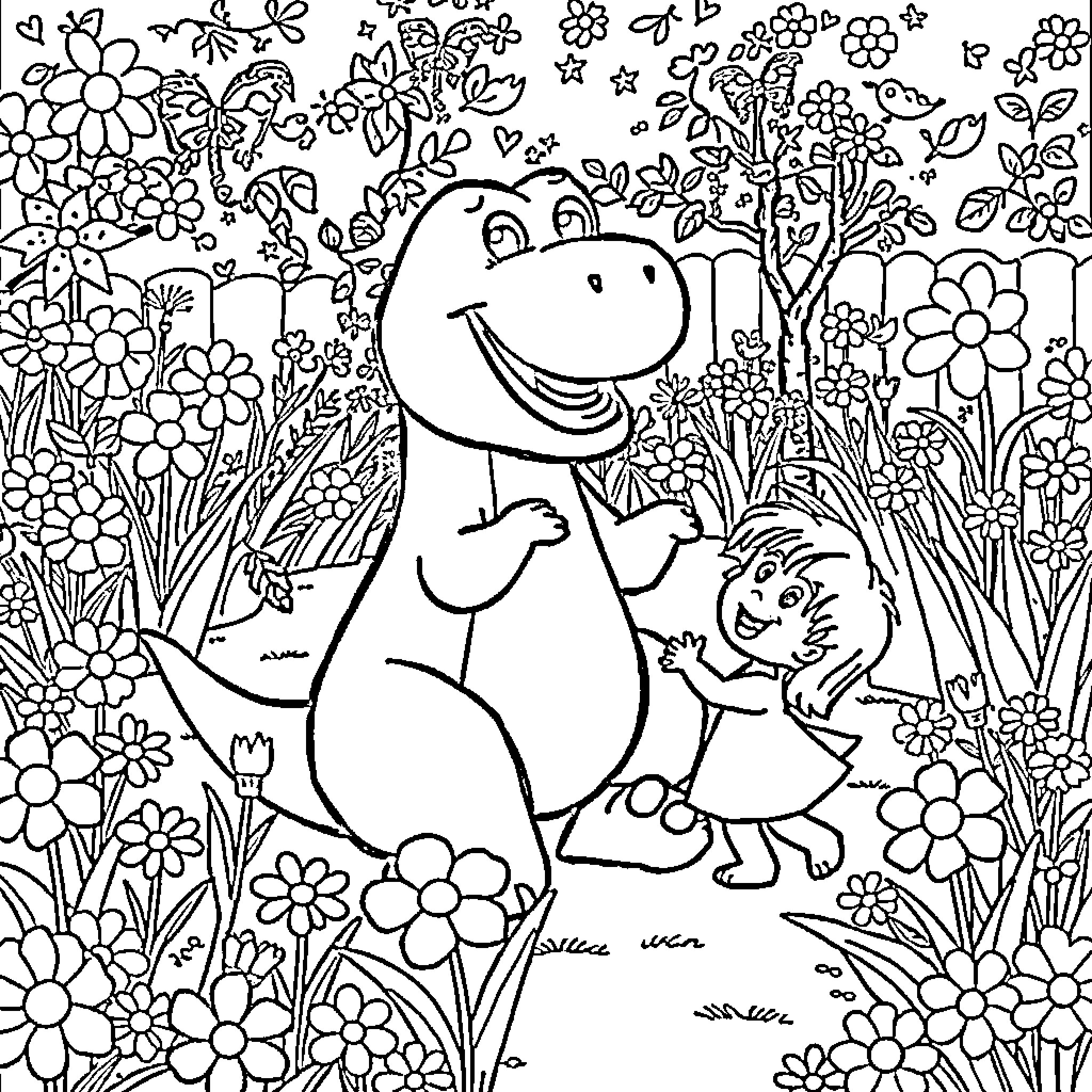 Barney exploring a floral wonderland with friends Coloring Page (free black-and-white line drawing printable PDF for all, from beginners to advanced learners, including children, teens, adults, and seniors)