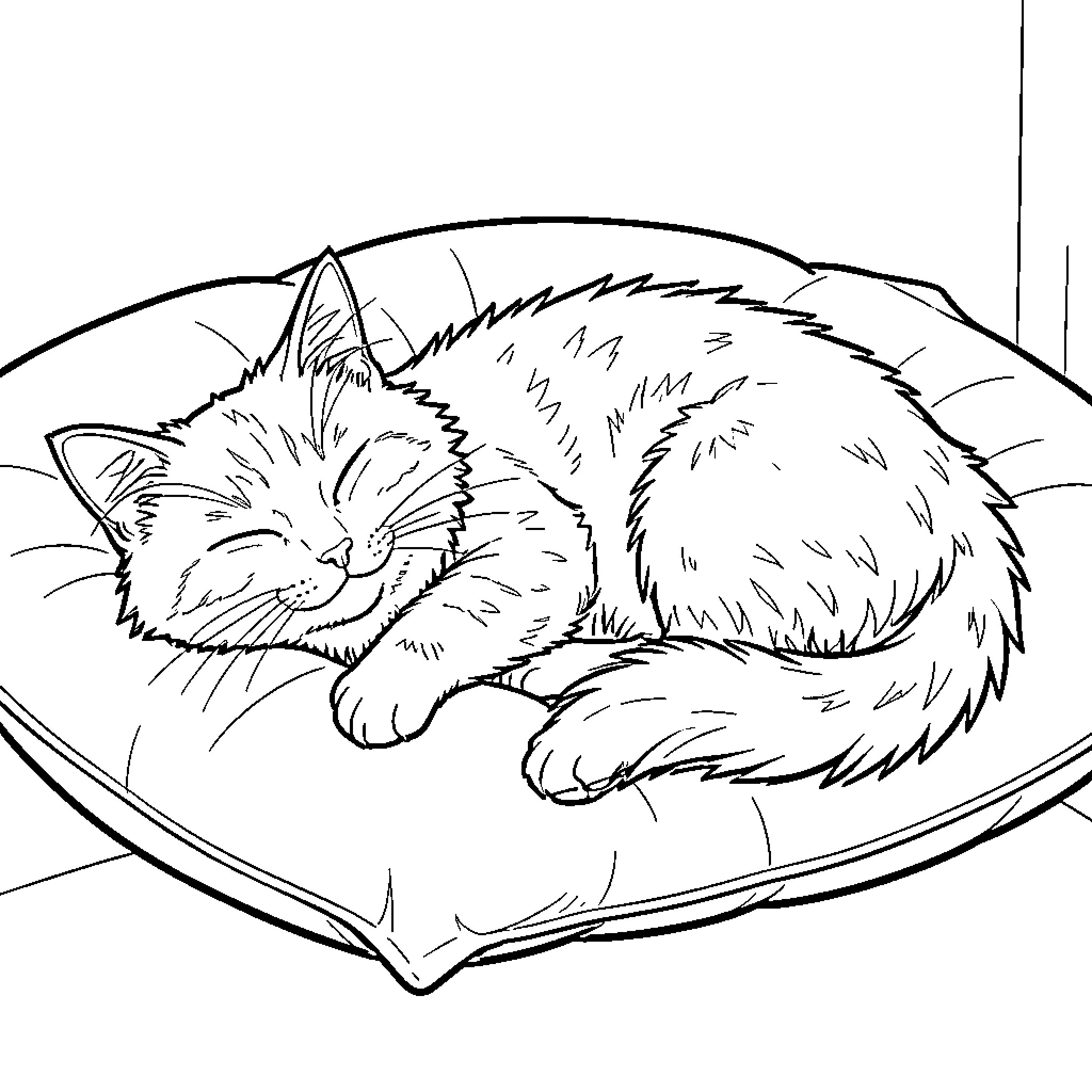 Cat sleeping peacefully on a soft cushion Coloring Page (free black-and-white line drawing printable PDF for all, from beginners to advanced learners, including children, teens, adults, and seniors)