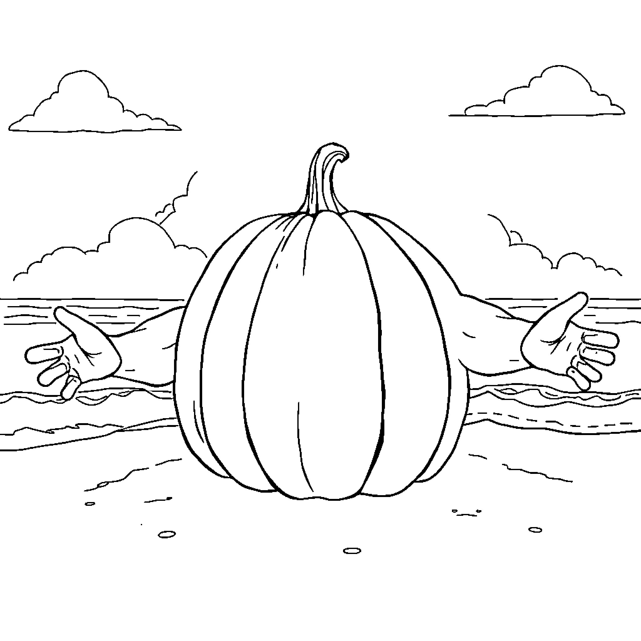 Pumpkin in a serene landscape Coloring Page (free black-and-white line drawing printable PDF for all, from beginners to advanced learners, including children, teens, adults, and seniors)