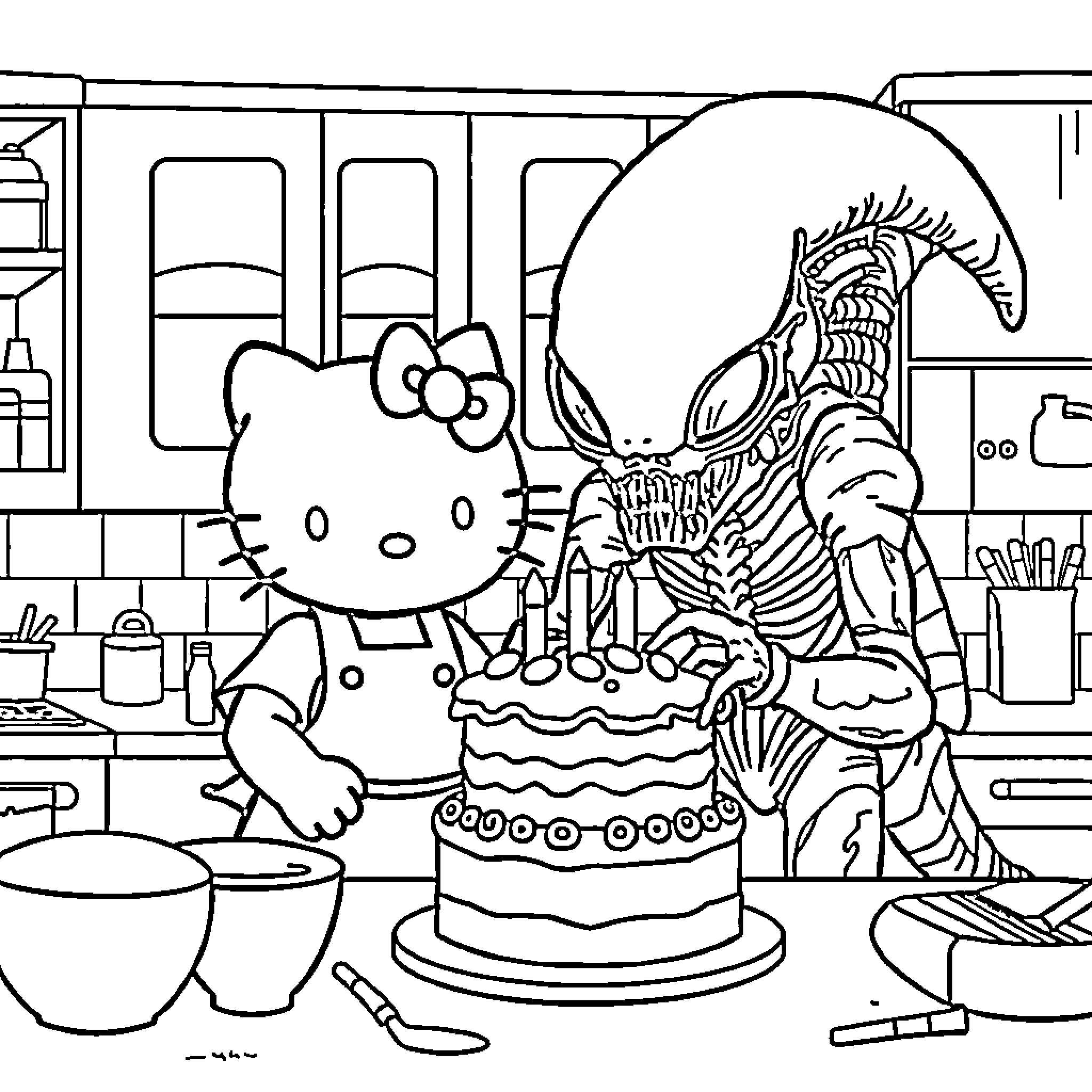 Hello Kitty Baking a Cake with a Scary Monster Coloring Page (free black-and-white line drawing printable PDF for all, from beginners to advanced learners, including children, teens, adults, and seniors)
