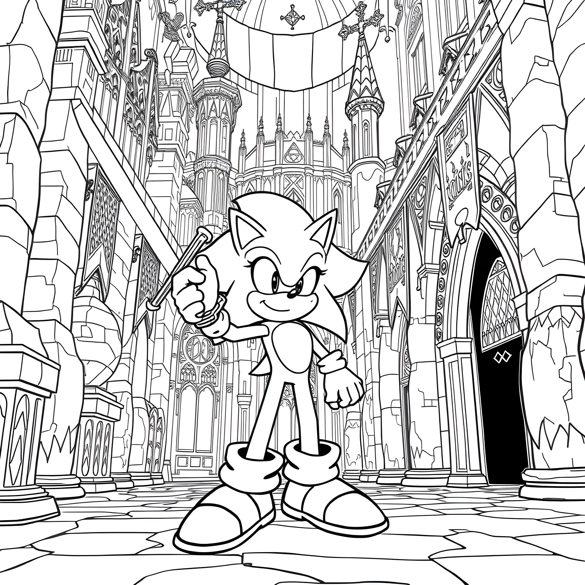 Sonic running through an ornate fantasy city Coloring Page (free black-and-white line drawing printable PDF for all, from beginners to advanced learners, including children, teens, adults, and seniors)