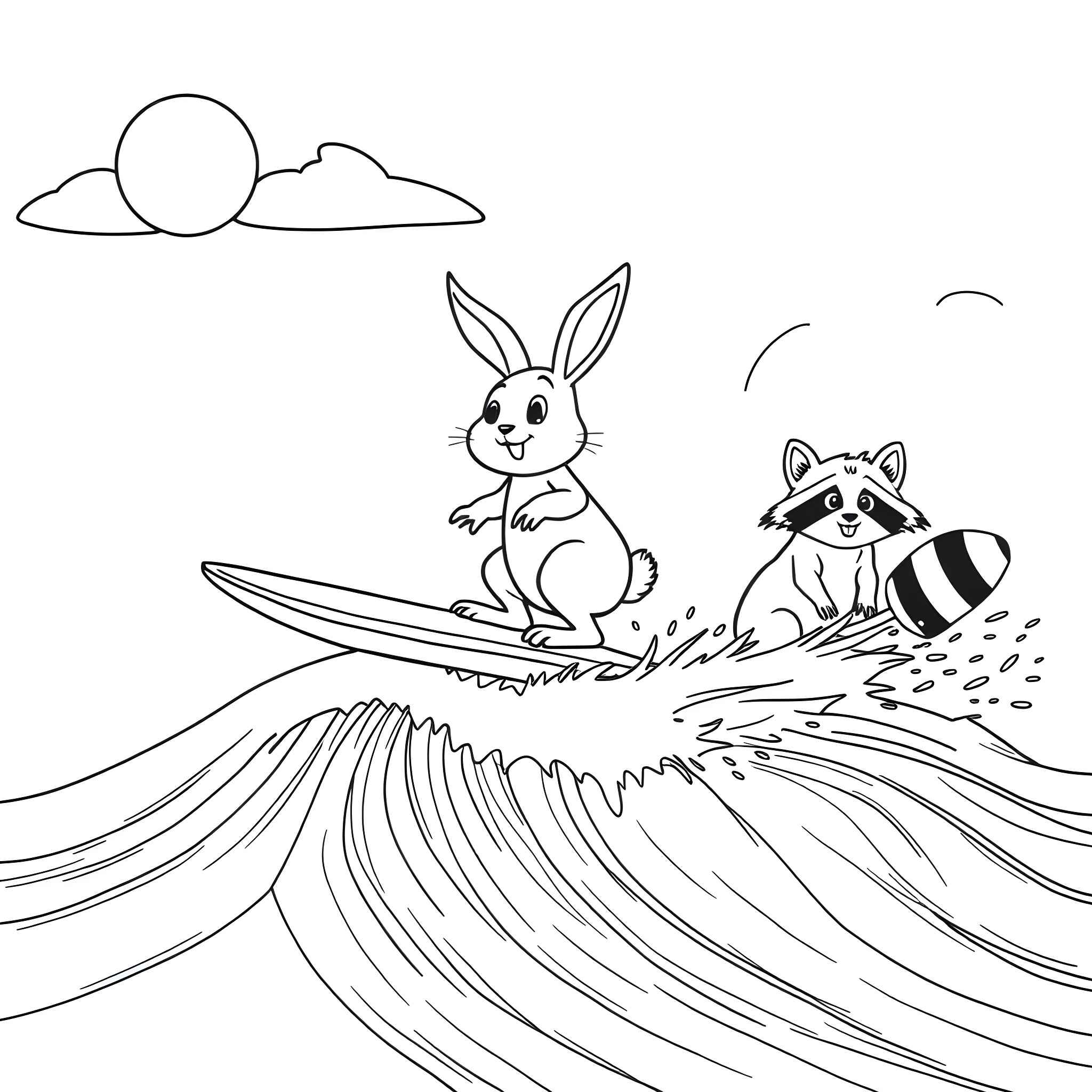 Bunny and Raccoon Surfing on Waves Coloring Page (free black-and-white line drawing printable PDF for all, from beginners to advanced learners, including children, teens, adults, and seniors)