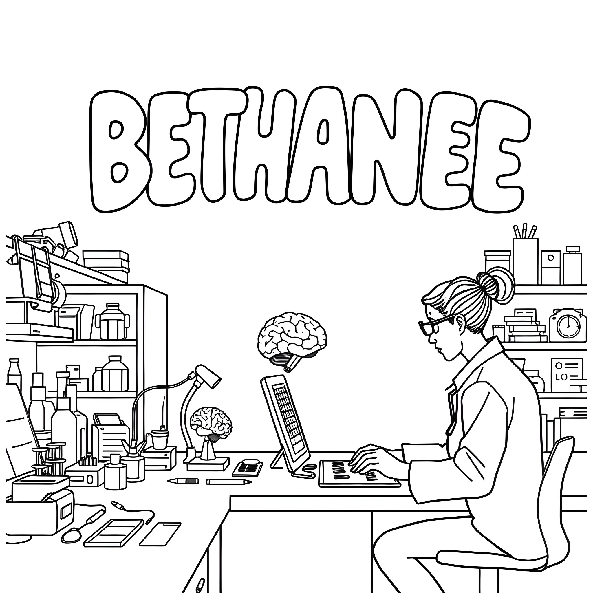 Bethanee working diligently at her desk Coloring Page (free black-and-white line drawing printable PDF for all, from beginners to advanced learners, including children, teens, adults, and seniors)