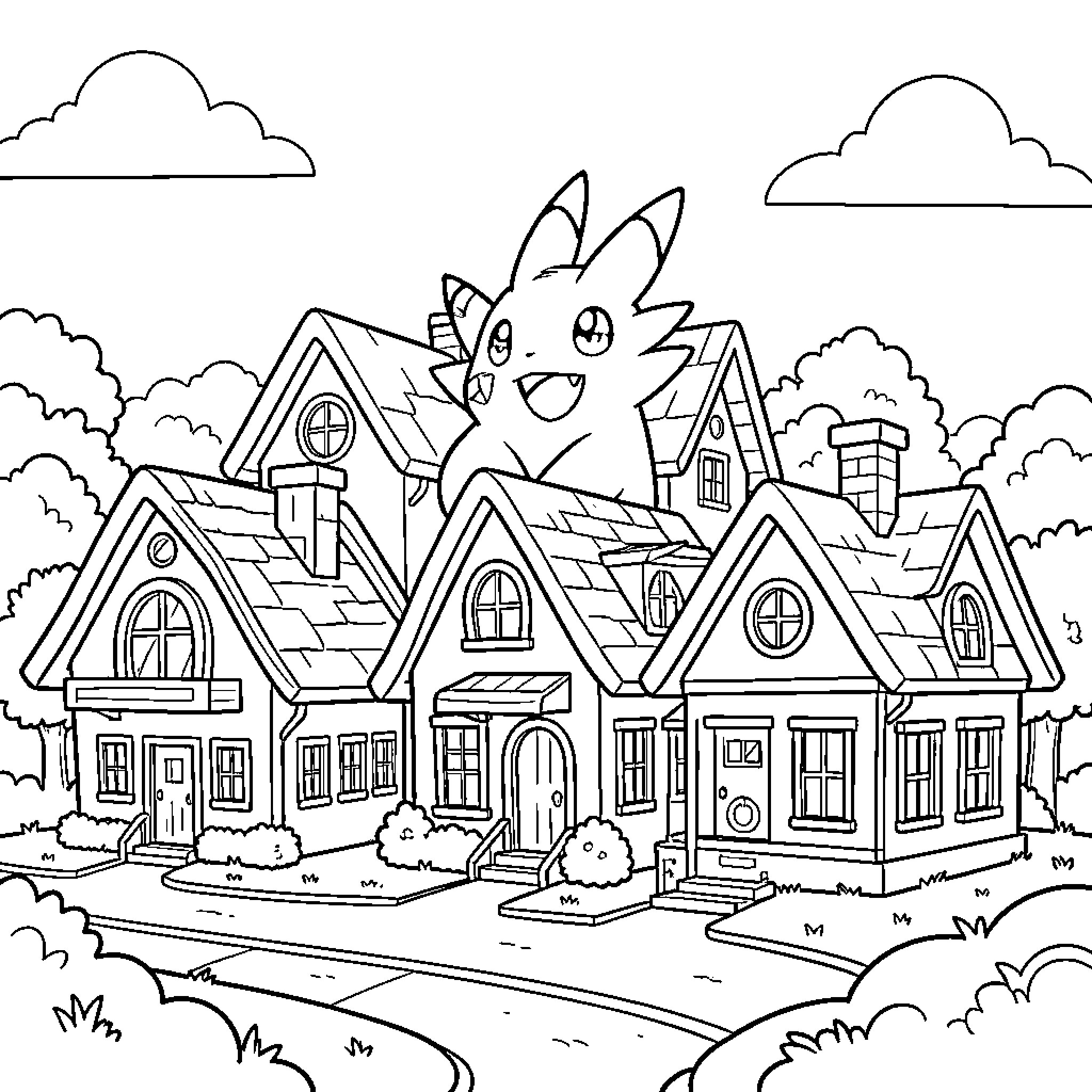Pokémon appearing happily behind a row of houses Coloring Page (free black-and-white line drawing printable PDF for all, from beginners to advanced learners, including children, teens, adults, and seniors)