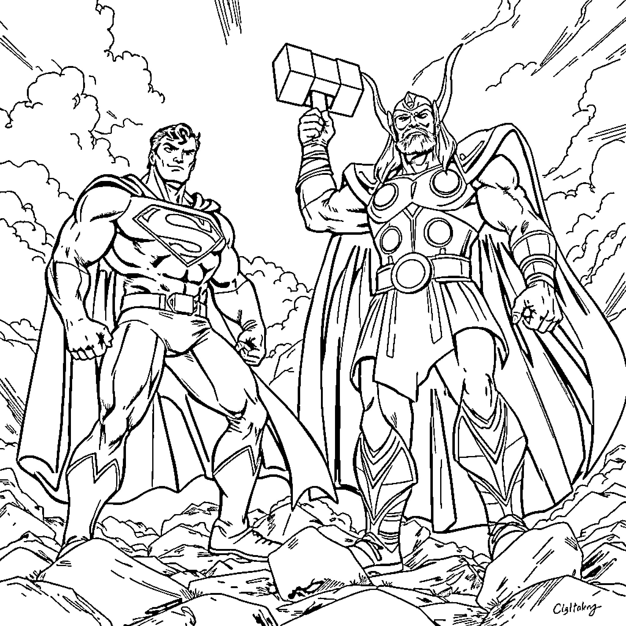 Superman and Thor facing off in an epic battle Coloring Page (free black-and-white line drawing printable PDF for all, from beginners to advanced learners, including children, teens, adults, and seniors)