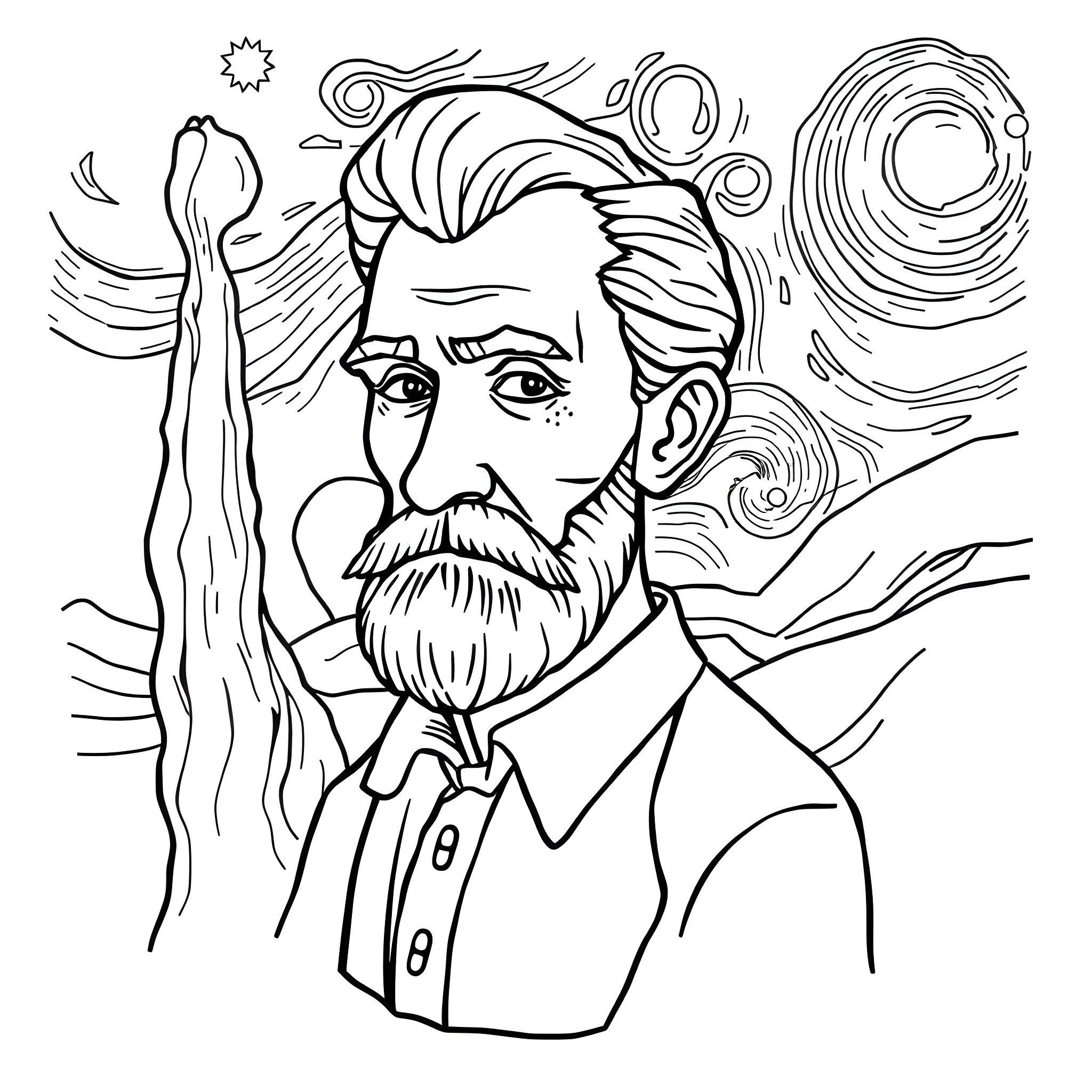 Van Gogh's Artistic Expression Coloring Page (free black-and-white line drawing printable PDF for all, from beginners to advanced learners, including children, teens, adults, and seniors)