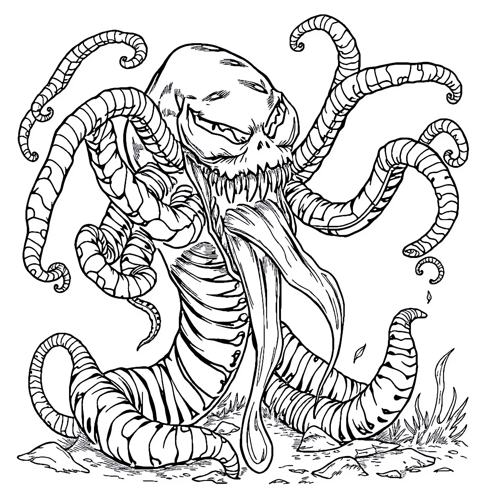 Venom creature with tentacles emerging from the ground Coloring Page (free black-and-white line drawing printable PDF for all, from beginners to advanced learners, including children, teens, adults, and seniors)