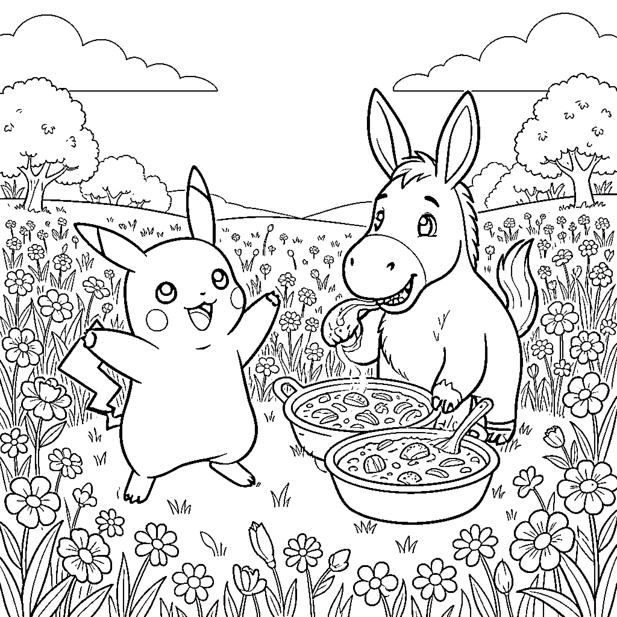 Pikachu sharing a picnic with a friendly rabbit Coloring Page (free black-and-white line drawing printable PDF for all, from beginners to advanced learners, including children, teens, adults, and seniors)