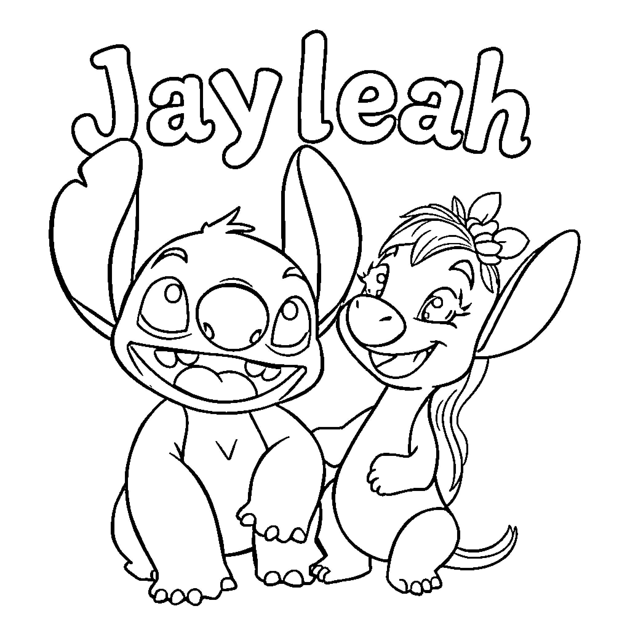 Stitch and Leahi in a playful scene Coloring Page (free black-and-white line drawing printable PDF for all, from beginners to advanced learners, including children, teens, adults, and seniors)