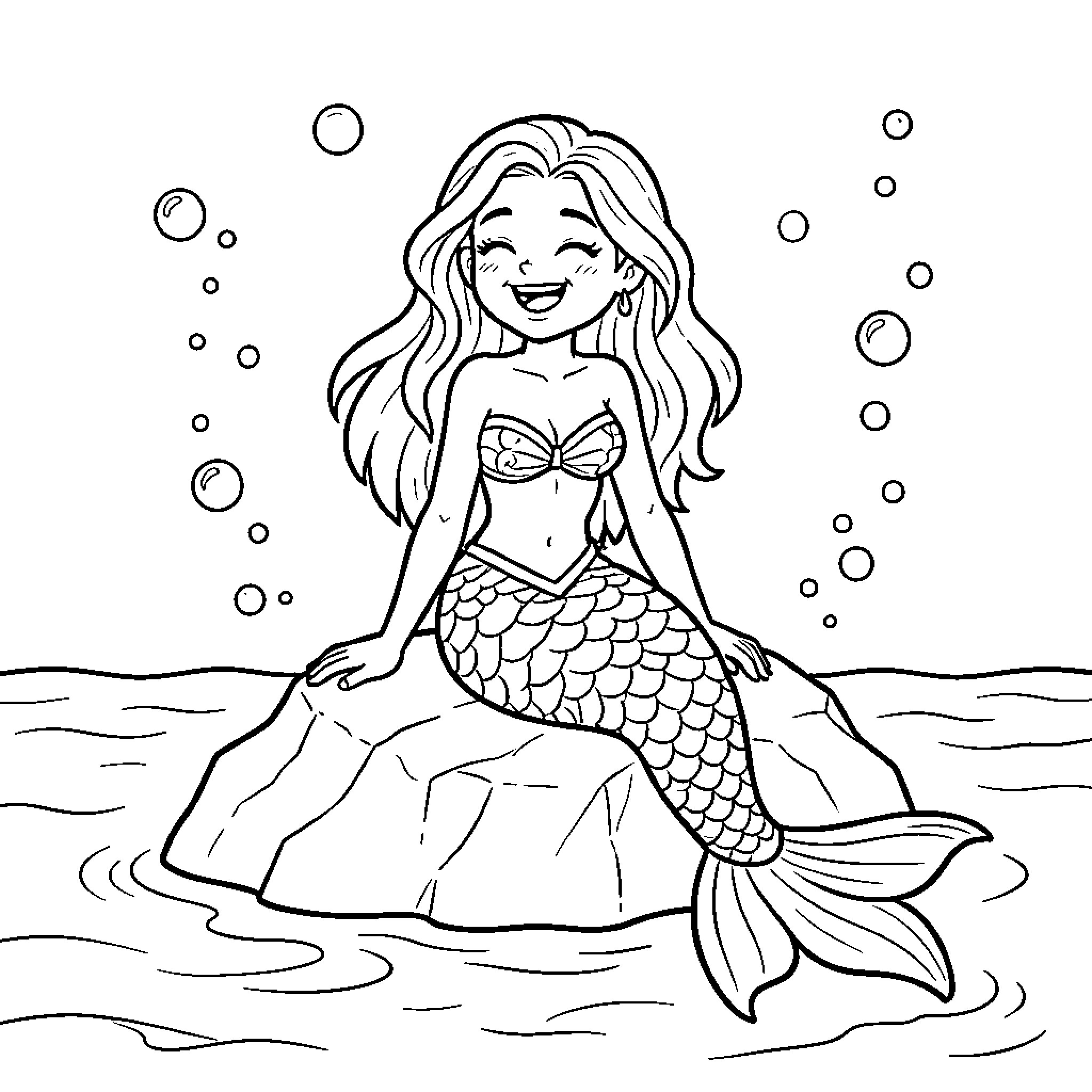 Mermaid sitting happily on a rock amidst bubbles Coloring Page (free black-and-white line drawing printable PDF for all, from beginners to advanced learners, including children, teens, adults, and seniors)