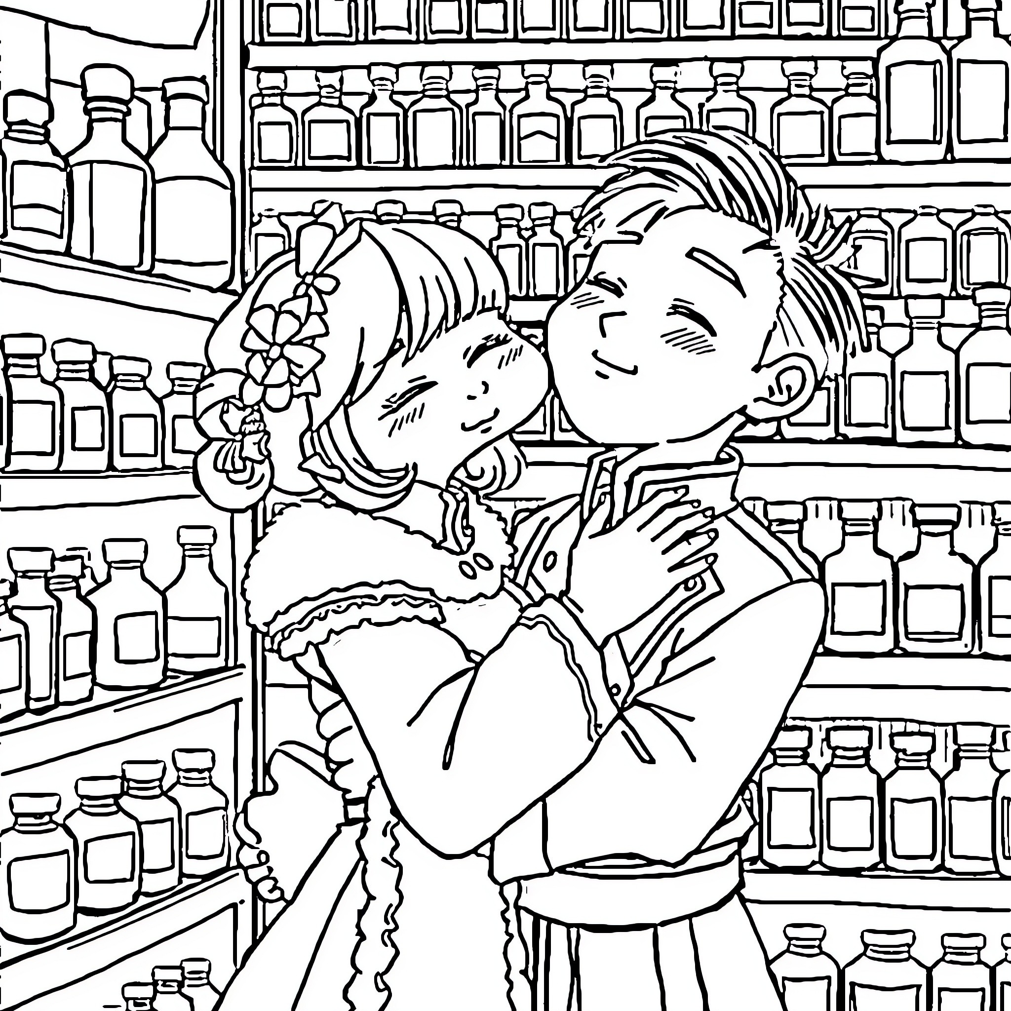 Mao Mao's Friendly Encounter in the Pharmacy Coloring Page (free black-and-white line drawing printable PDF for all, from beginners to advanced learners, including children, teens, adults, and seniors)