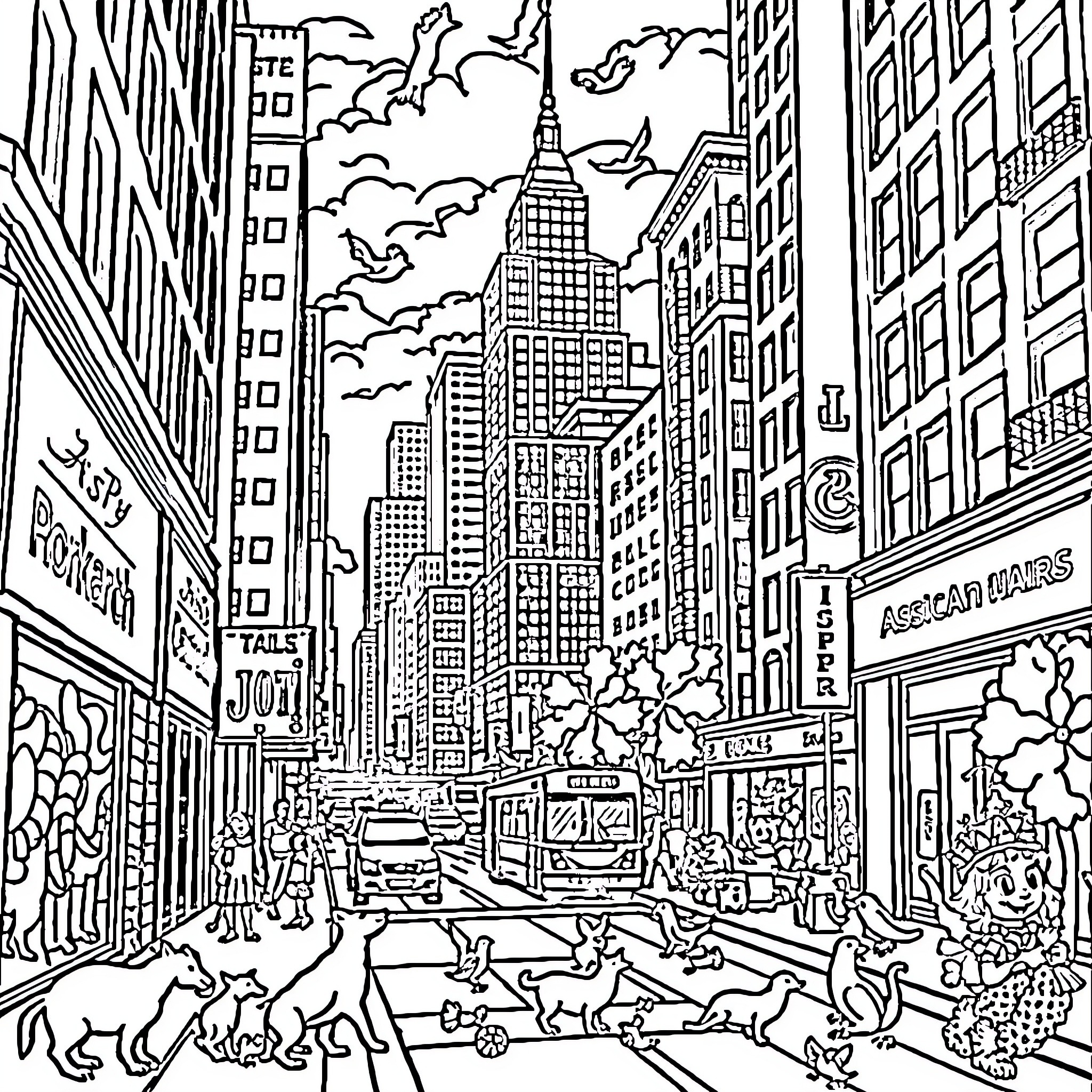 City scene with bustling streets and iconic architecture Coloring Page (free black-and-white line drawing printable PDF for all, from beginners to advanced learners, including children, teens, adults, and seniors)