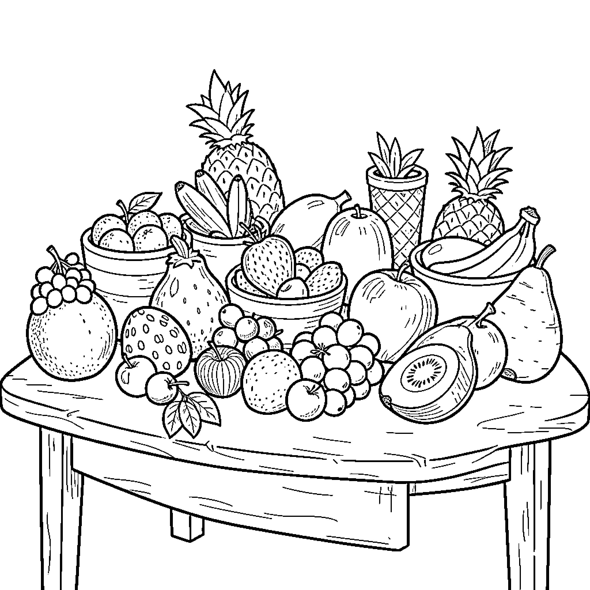 Fruit assortment arranged on a rustic wooden table Coloring Page (free black-and-white line drawing printable PDF for all, from beginners to advanced learners, including children, teens, adults, and seniors)