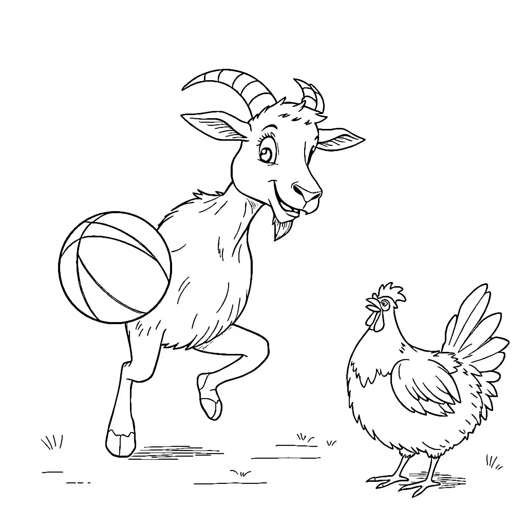 Goat playing with a ball and a rooster Coloring Page (free black-and-white line drawing printable PDF for all, from beginners to advanced learners, including children, teens, adults, and seniors)