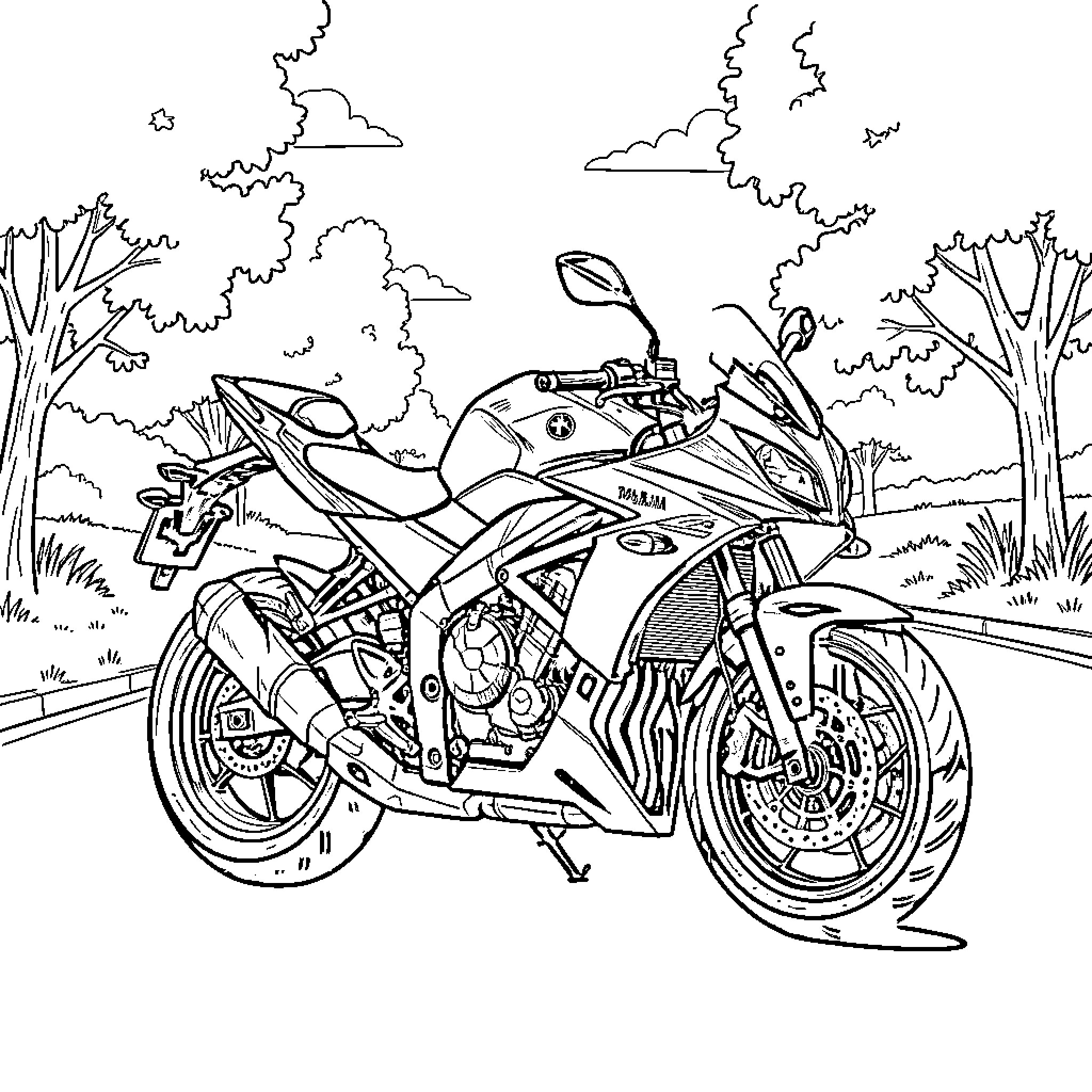 Yamaha MT09 motorcycle on a scenic road Coloring Page (free black-and-white line drawing printable PDF for all, from beginners to advanced learners, including children, teens, adults, and seniors)