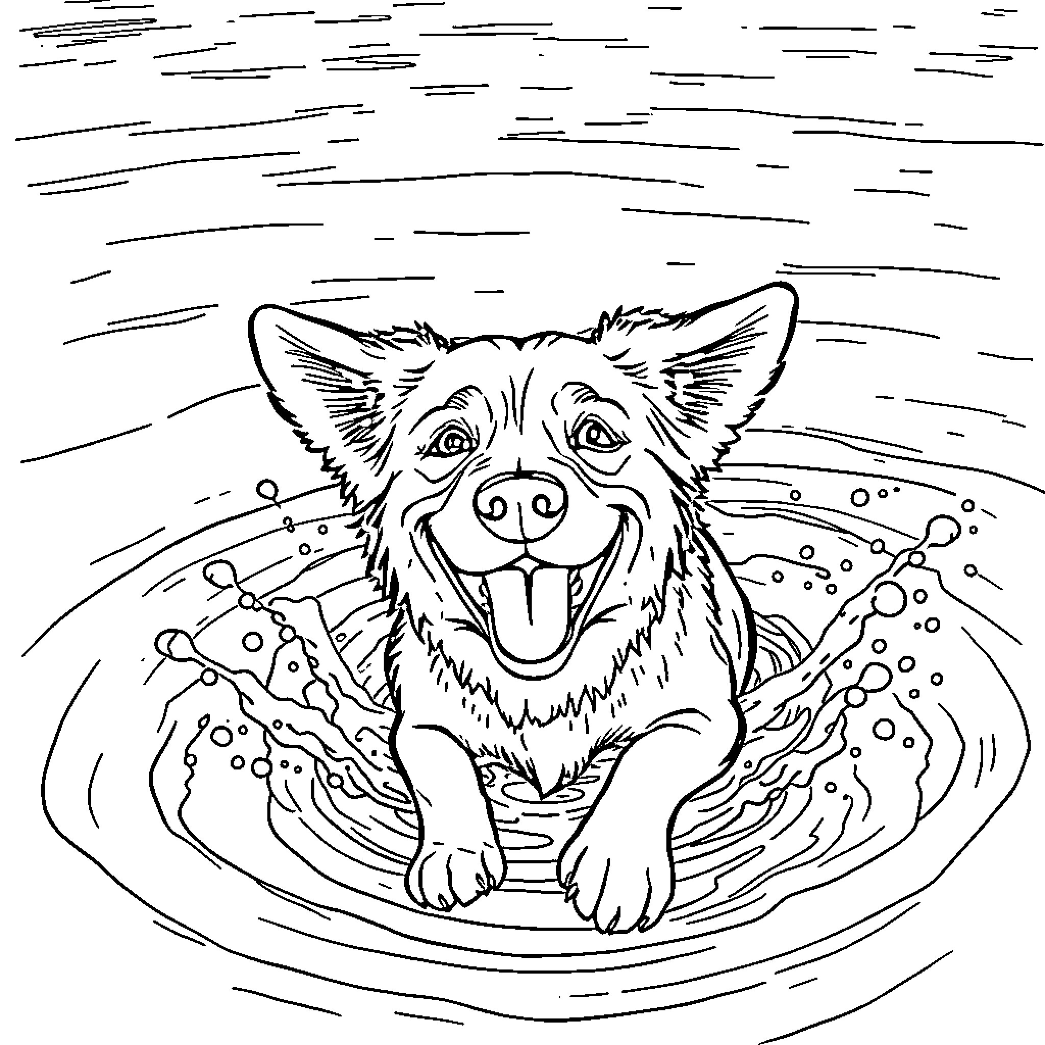Dog enjoying a relaxing bath Coloring Page (free black-and-white line drawing printable PDF for all, from beginners to advanced learners, including children, teens, adults, and seniors)