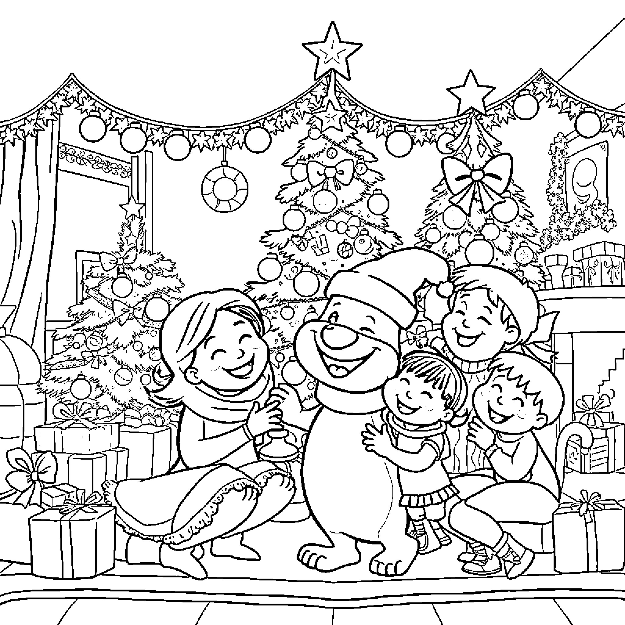 Bluey's Family Celebrates Christmas Together Coloring Page (free black-and-white line drawing printable PDF for all, from beginners to advanced learners, including children, teens, adults, and seniors)