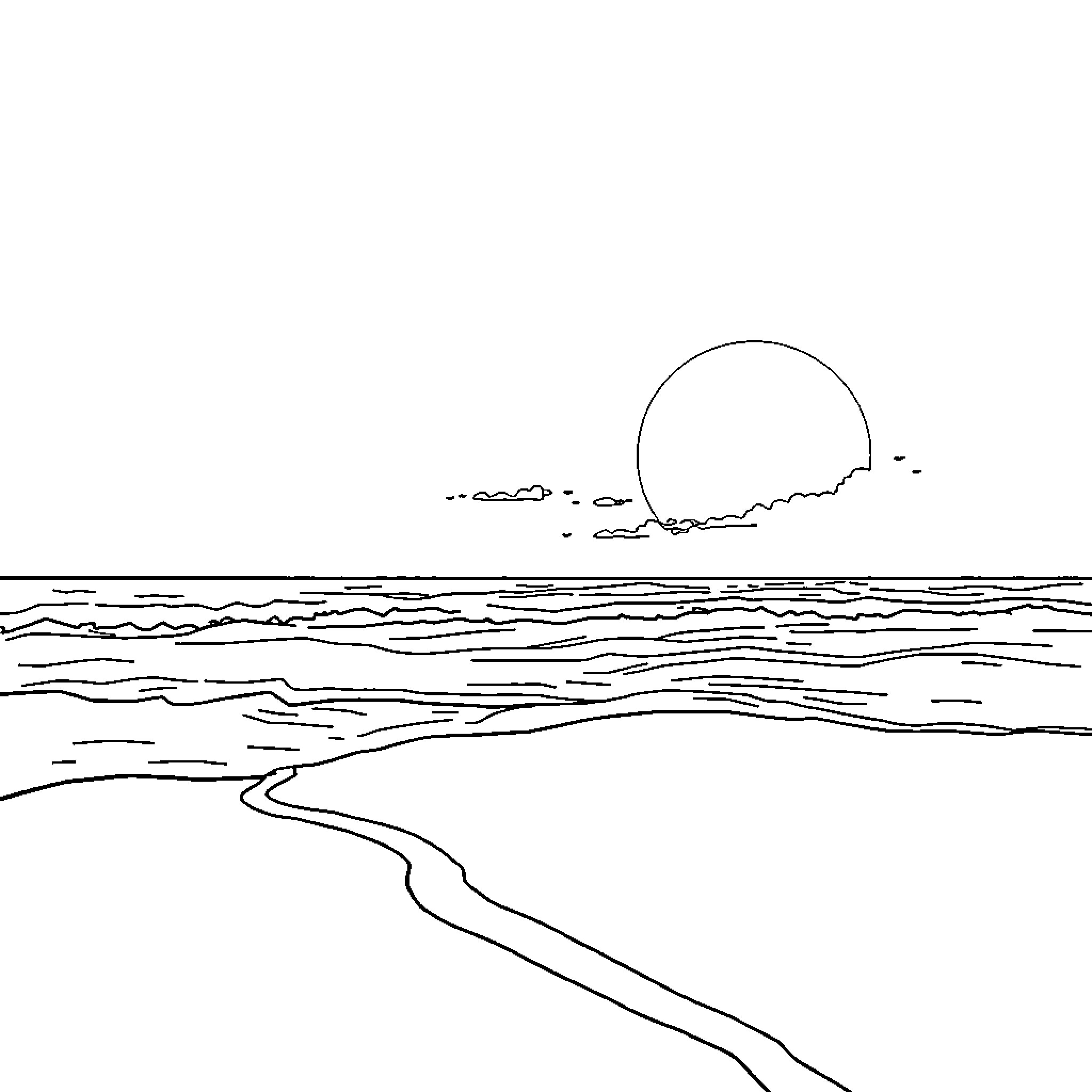 Sunset over the tranquil beach Coloring Page (free black-and-white line drawing printable PDF for all, from beginners to advanced learners, including children, teens, adults, and seniors)
