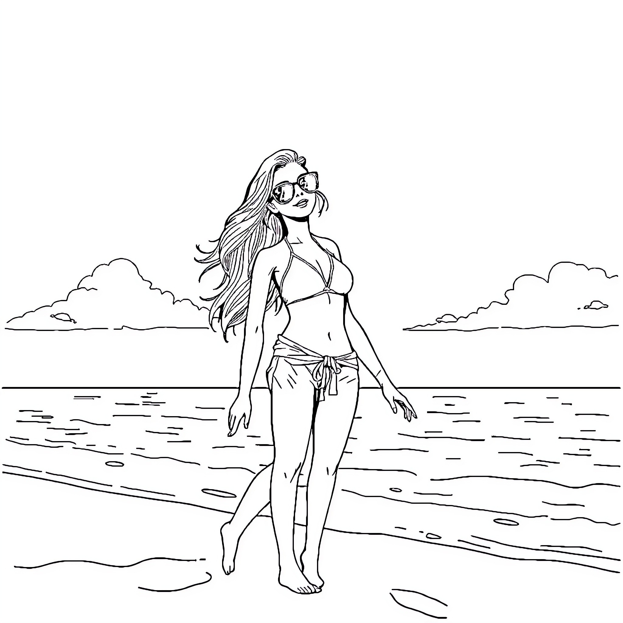 Girl in Bikini Enjoying Sunny Beach Coloring Page (free black-and-white line drawing printable PDF for all, from beginners to advanced learners, including children, teens, adults, and seniors)