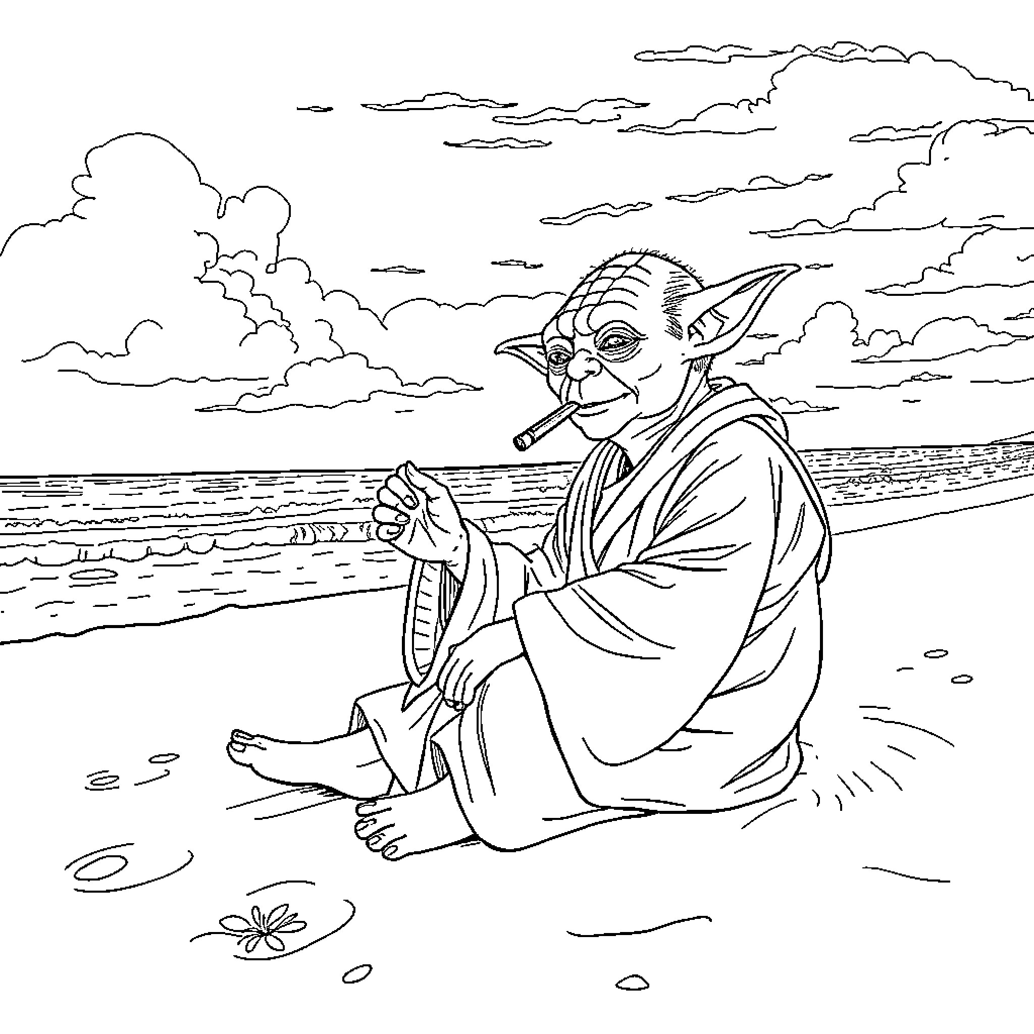 Yoda meditating on a beach in peaceful solitude Coloring Page (free black-and-white line drawing printable PDF for all, from beginners to advanced learners, including children, teens, adults, and seniors)