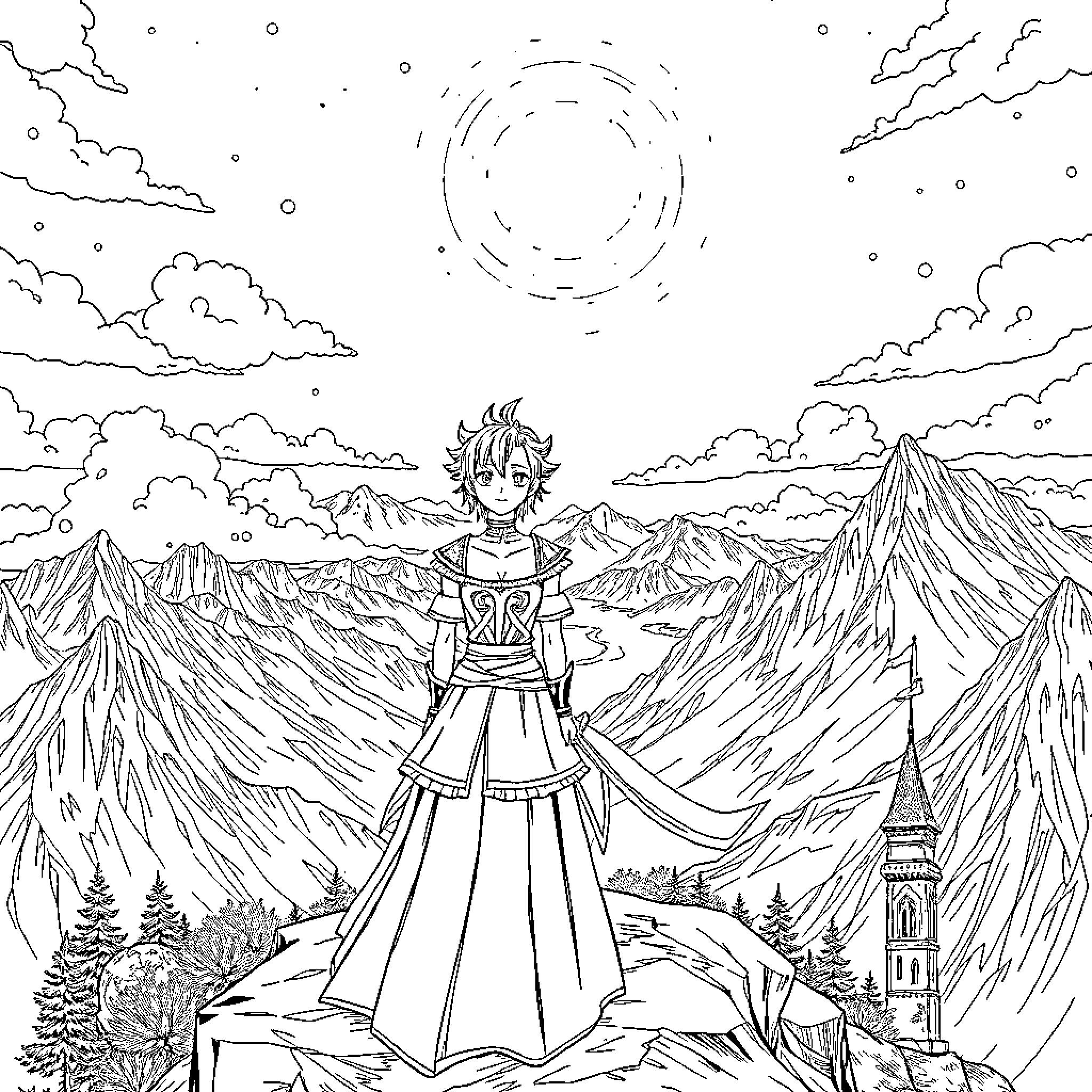 Jubia standing heroically with a sword amidst mountains Coloring Page (free black-and-white line drawing printable PDF for all, from beginners to advanced learners, including children, teens, adults, and seniors)