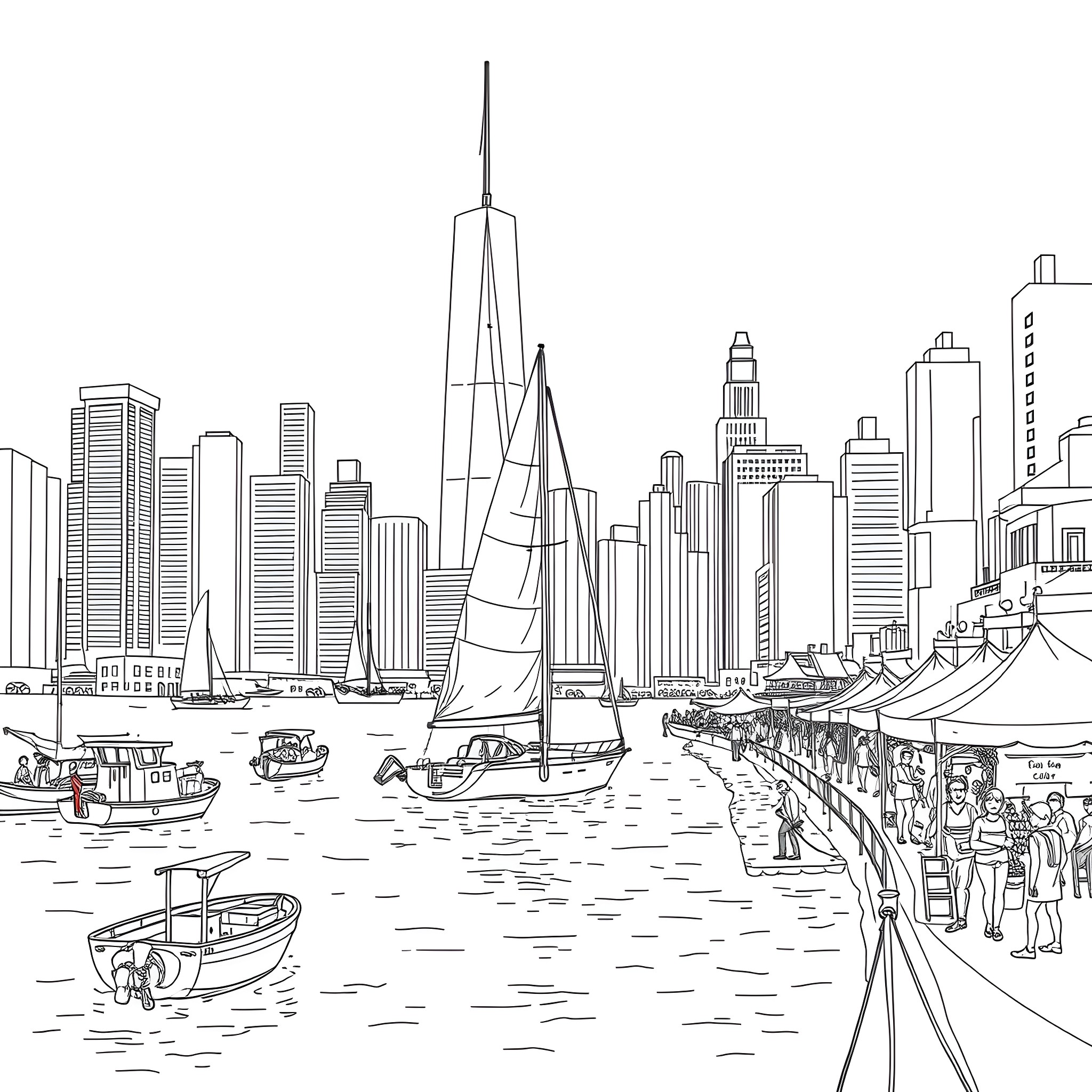 Sailboat sailing through bustling urban harbor Coloring Page (free black-and-white line drawing printable PDF for all, from beginners to advanced learners, including children, teens, adults, and seniors)