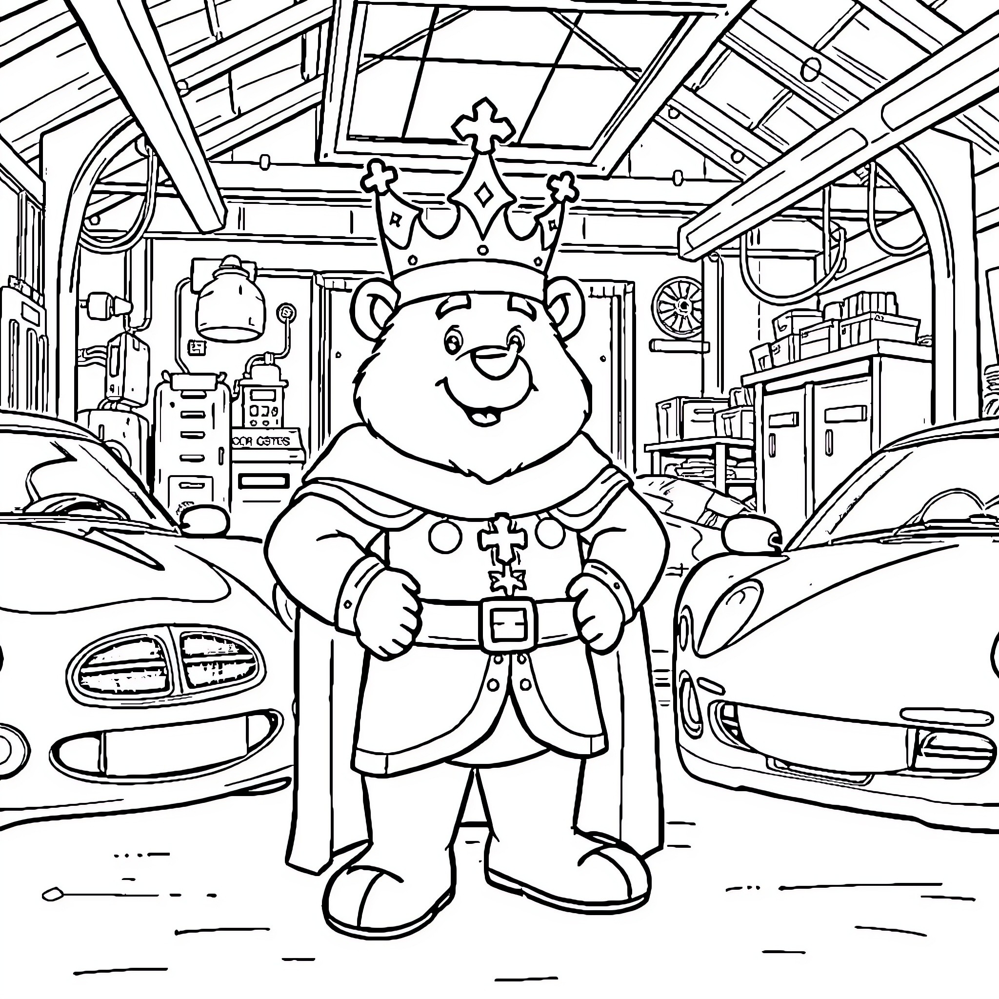 King Gregor's Kingly Antics in the Garage Coloring Page (free black-and-white line drawing printable PDF for all, from beginners to advanced learners, including children, teens, adults, and seniors)