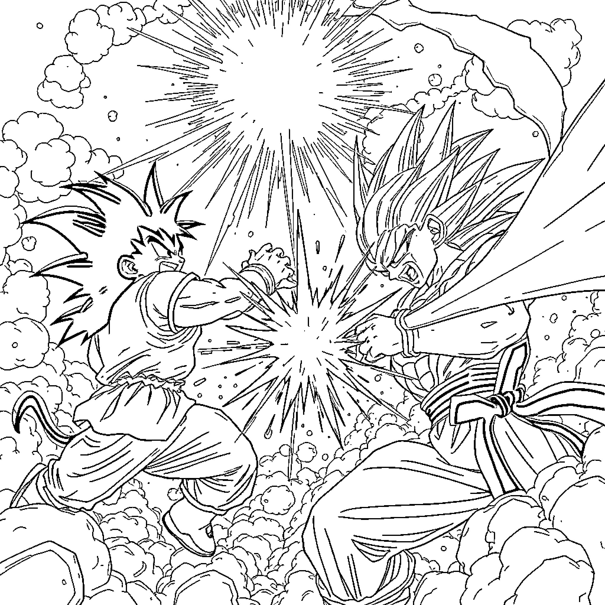 Battle of Mighty Combatants in Explosive Clash Coloring Page (free black-and-white line drawing printable PDF for all, from beginners to advanced learners, including children, teens, adults, and seniors)