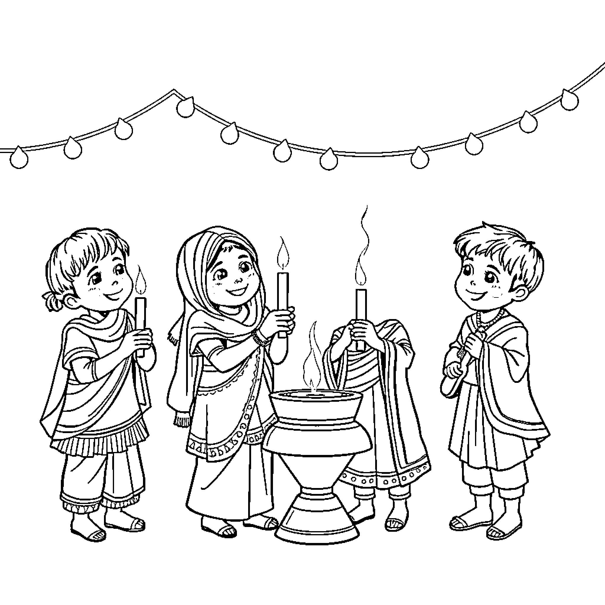 Kids celebrating festive holiday traditions Coloring Page (free black-and-white line drawing printable PDF for all, from beginners to advanced learners, including children, teens, adults, and seniors)