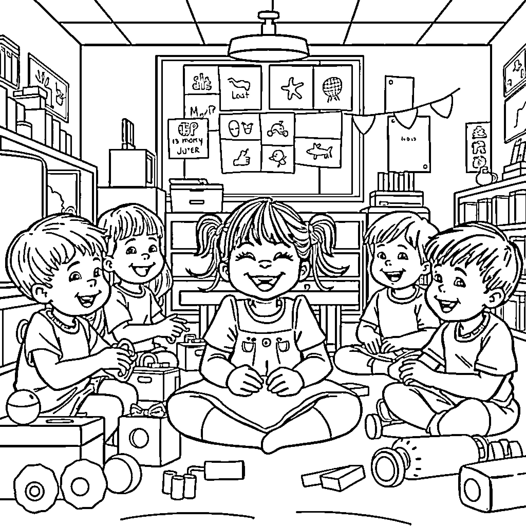 Girl playing with friends in classroom Coloring Page (free black-and-white line drawing printable PDF for all, from beginners to advanced learners, including children, teens, adults, and seniors)